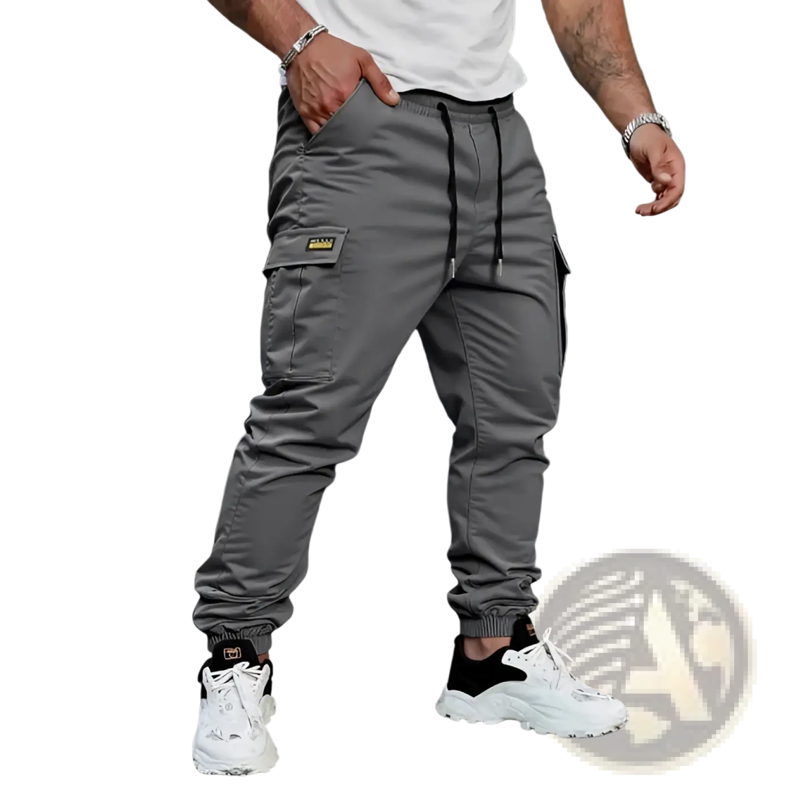 Men’s slim fit cropped gray cargo joggers with black drawstring waist and gold logo patch on thigh