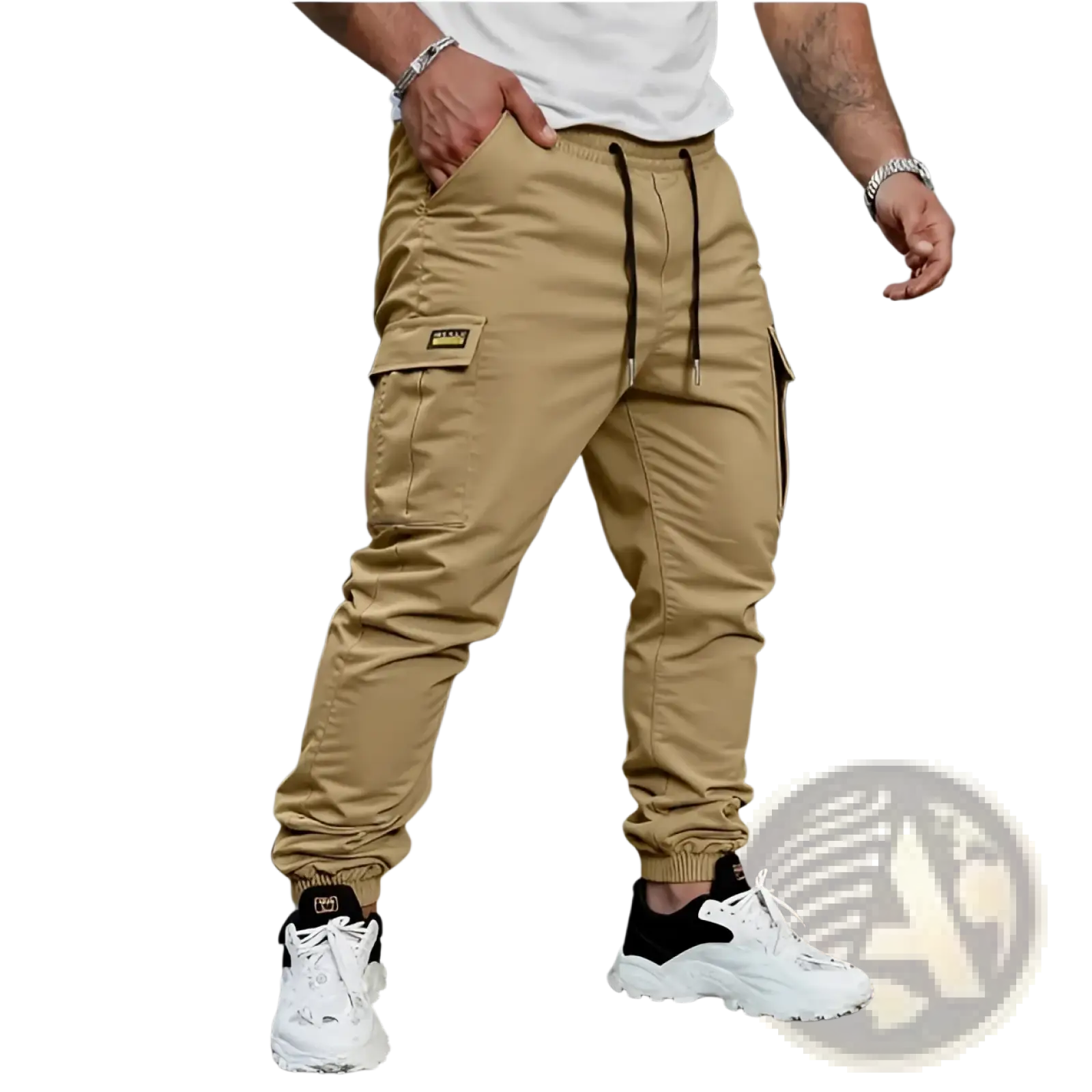 Men’s slim fit cropped beige cargo joggers with black drawstrings and thigh patch for casual wear