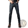 Men’s slim fit dark wash straight stretch denim jeans with subtle fading details and a slim cut fit