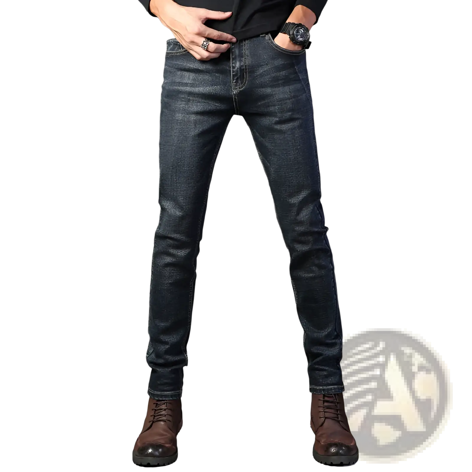 Men’s slim fit dark wash straight stretch denim jeans with subtle fading details and a slim cut fit