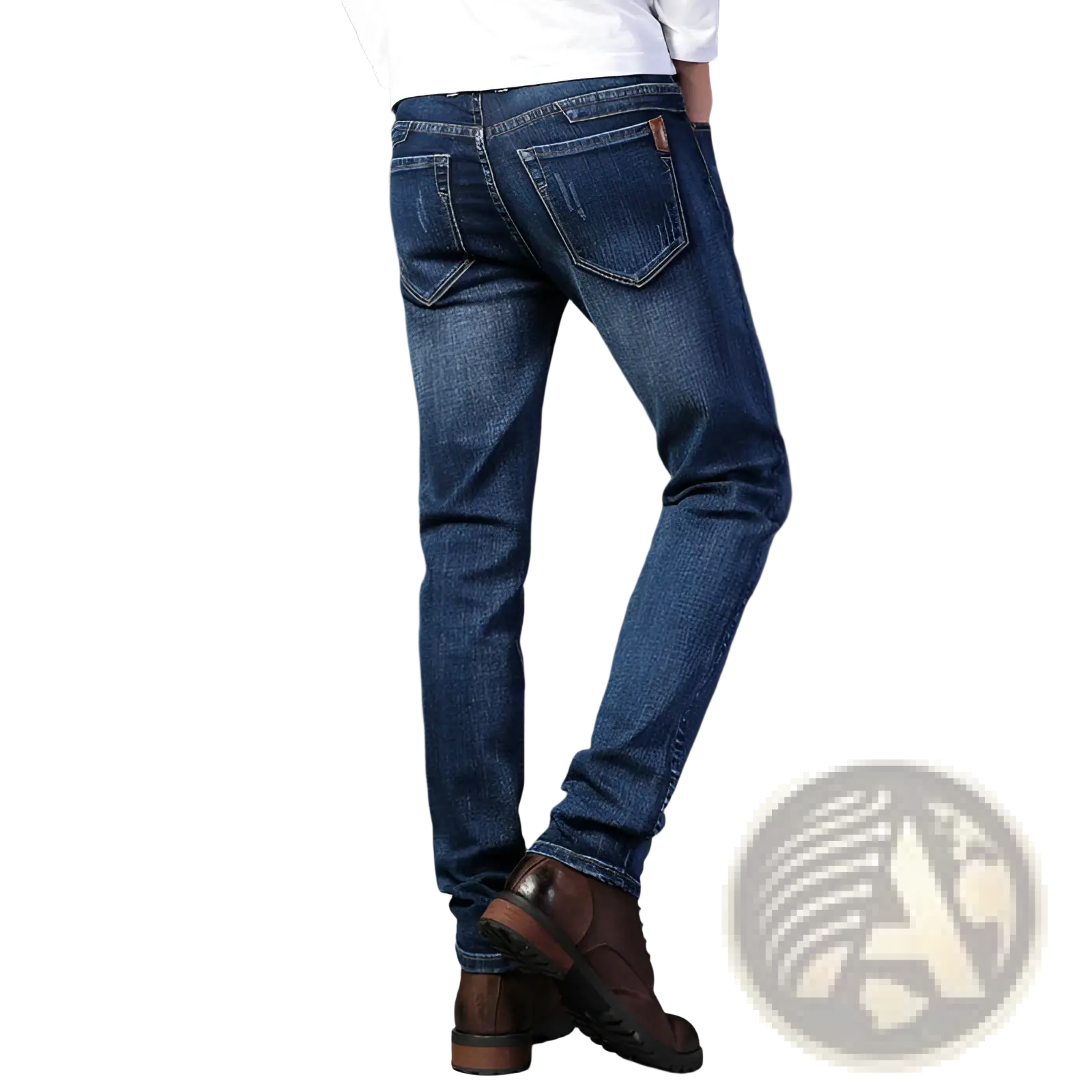 Men’s slim fit dark wash straight stretch denim jeans shown from the back with classic pockets and subtle fading