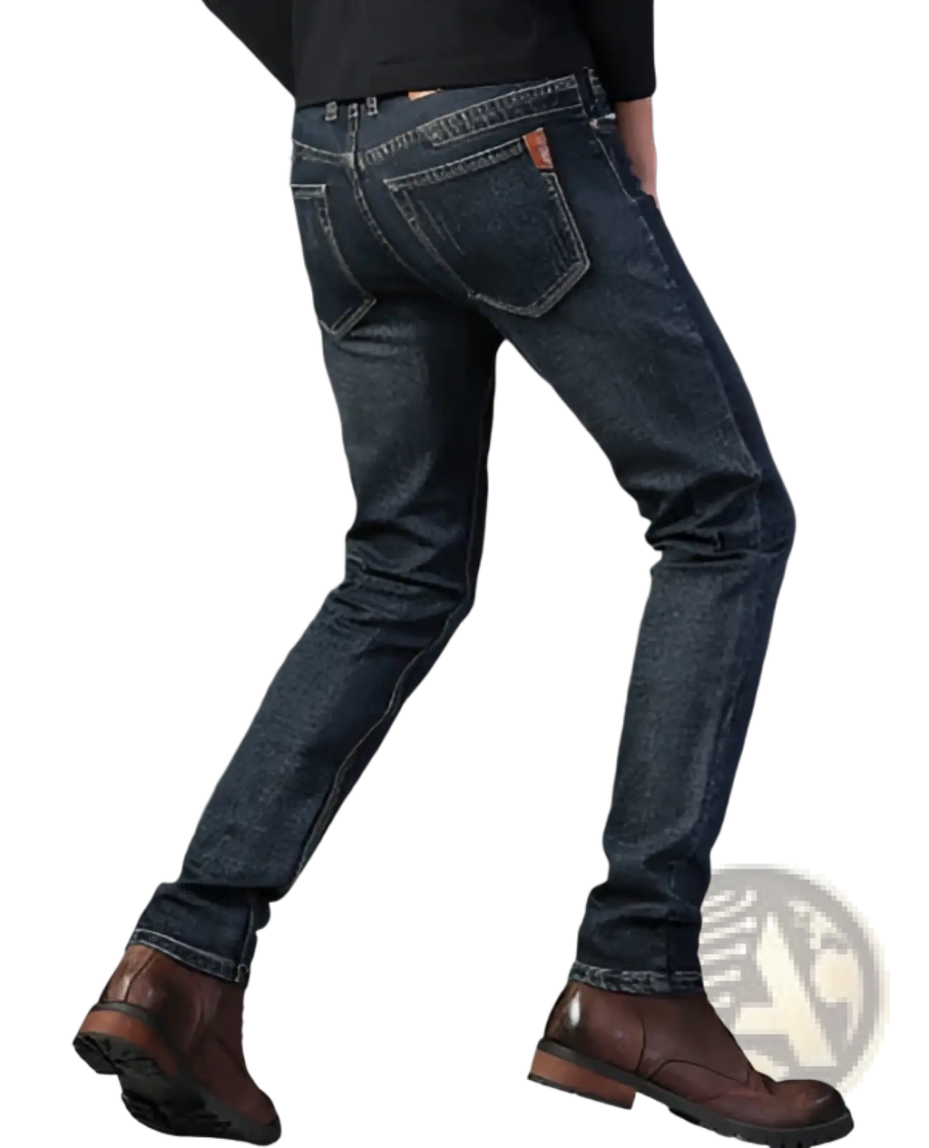 Men’s slim fit dark wash straight stretch denim jeans shown from the back with classic stitching and brown leather patches