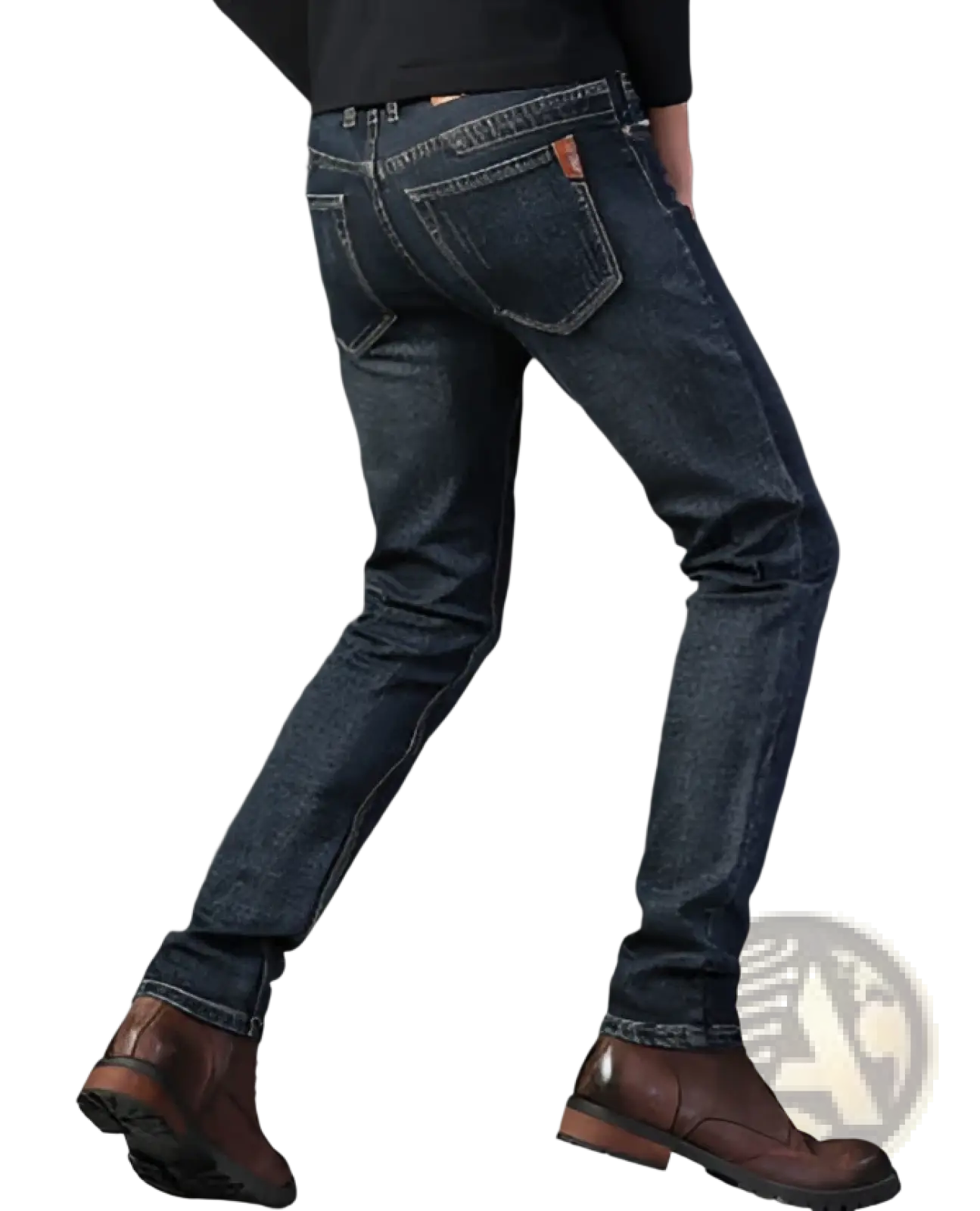 Men’s slim fit dark wash straight stretch denim jeans shown from the back with classic stitching and brown leather patches