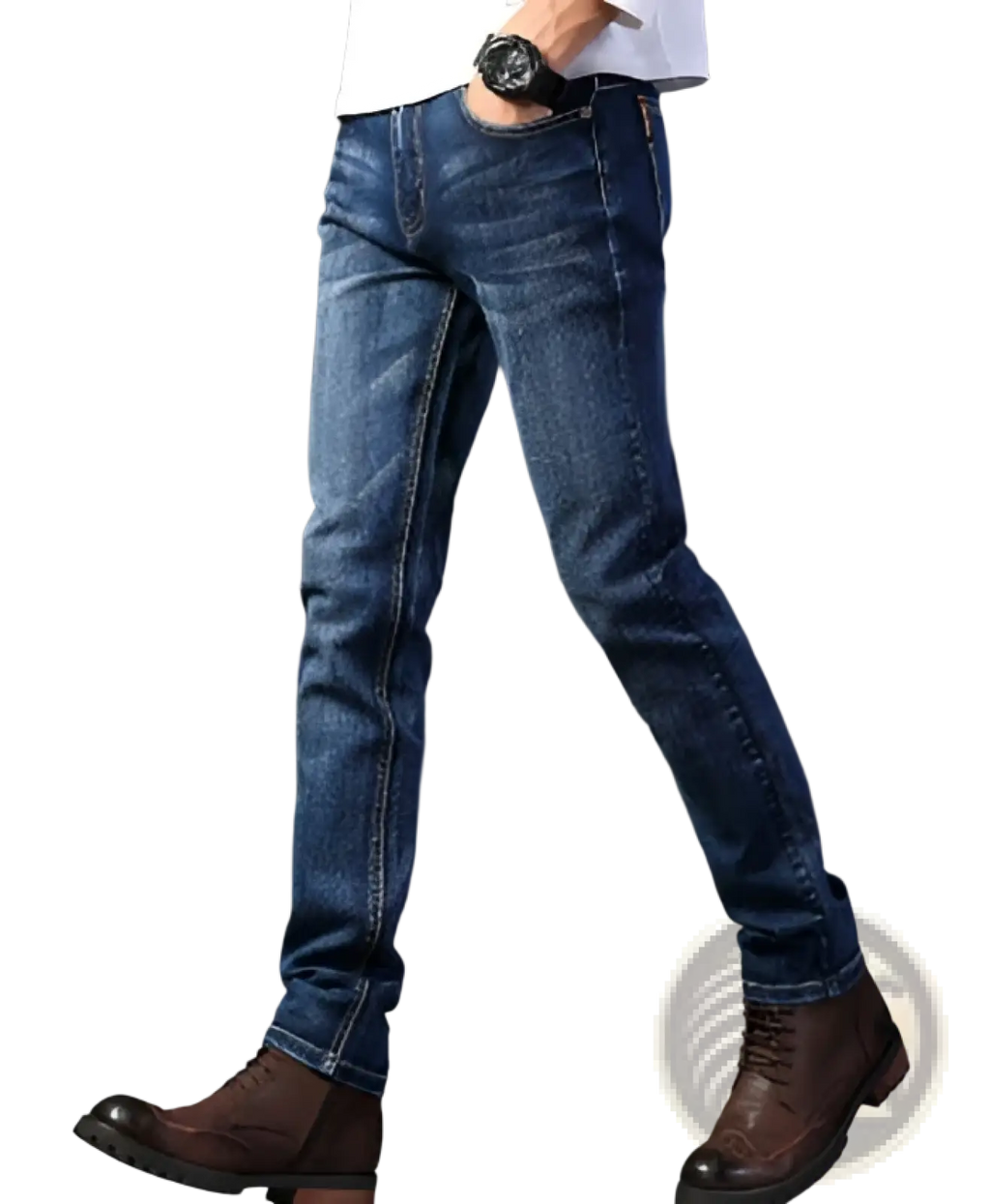 Men’s slim fit dark wash straight stretch denim jeans in blue denim with classic stitching and a slim fit design