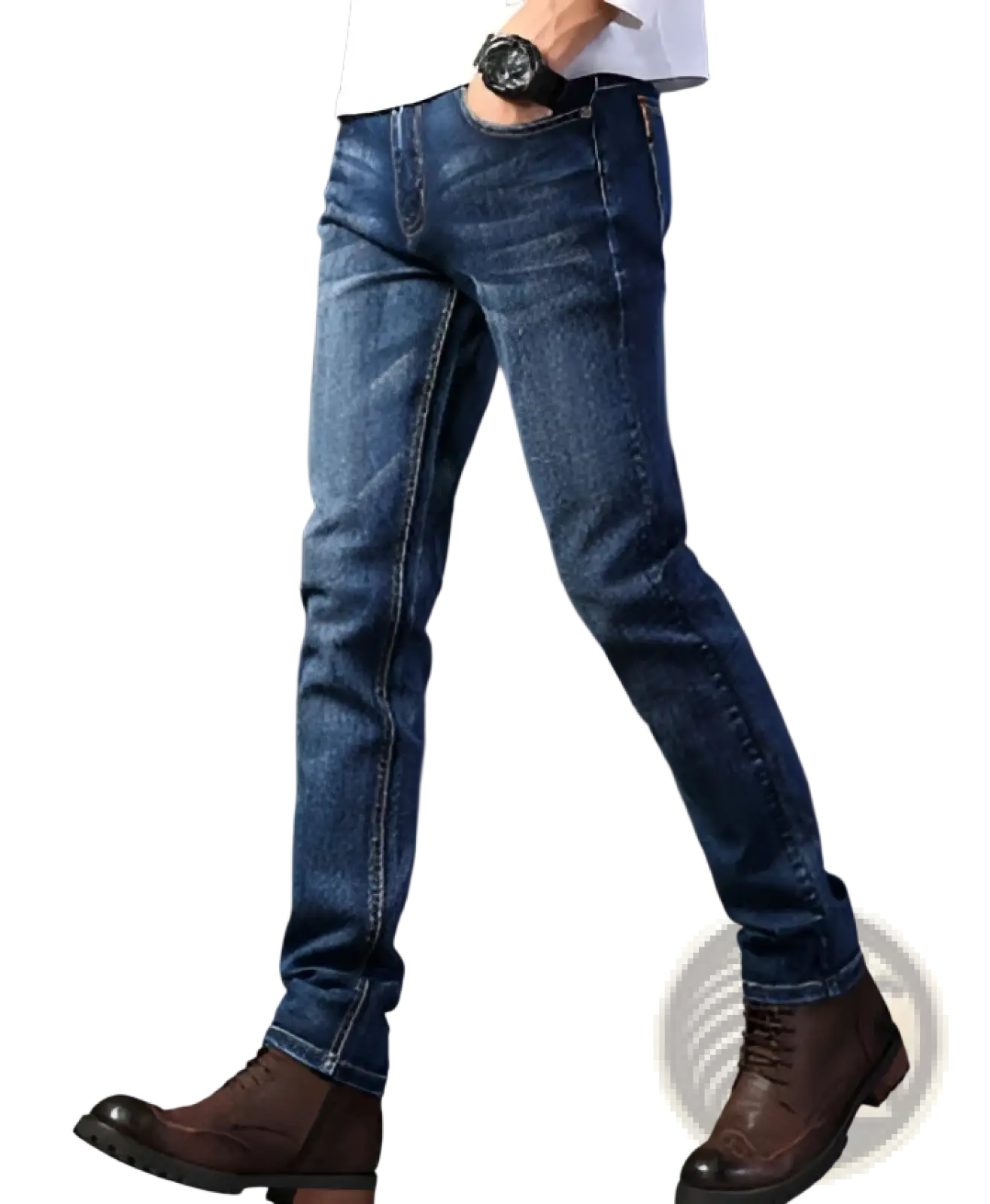 Men’s slim fit dark wash straight stretch denim jeans in blue denim with classic stitching and a slim fit design