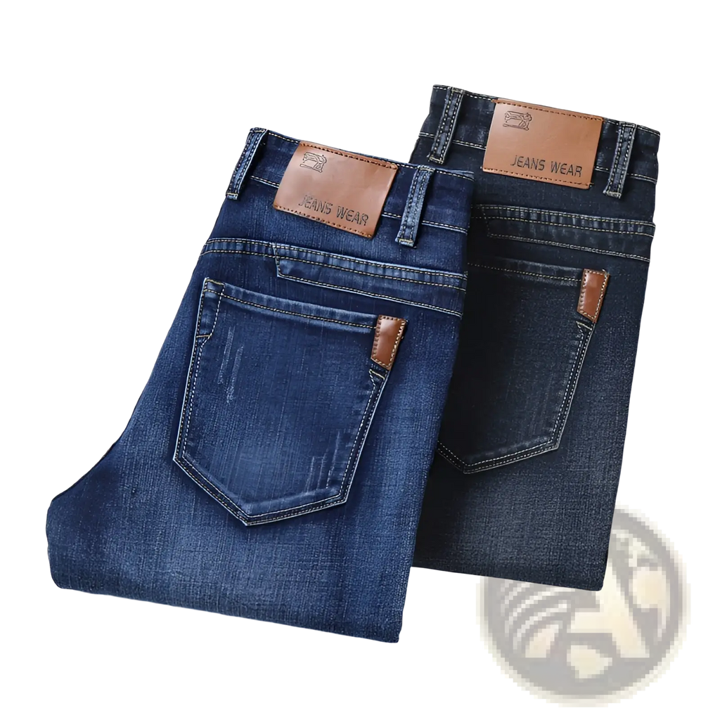 Men’s slim fit dark wash straight stretch denim jeans in dark blue with brown leather patches and jeans wear label