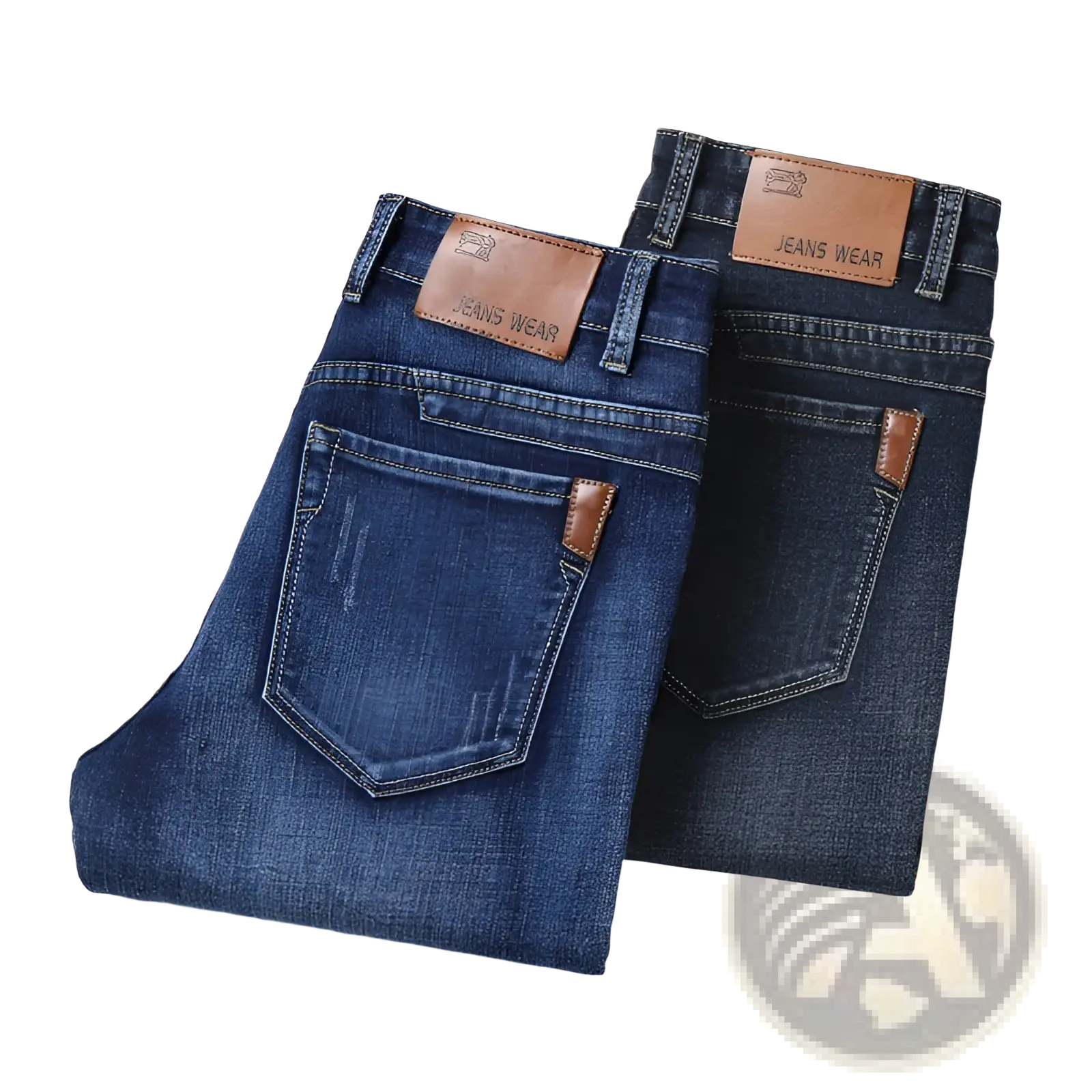 Men’s slim fit dark wash straight stretch denim jeans in dark blue with brown leather patches and jeans wear label