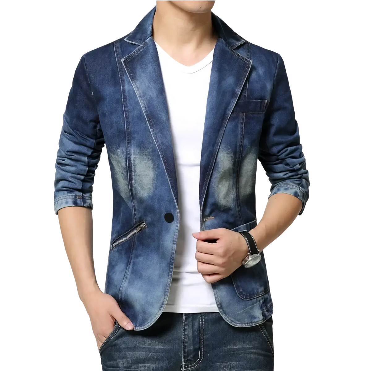 Men’s slim fit blue denim blazer jacket with faded distressed patches and classic single-breasted design
