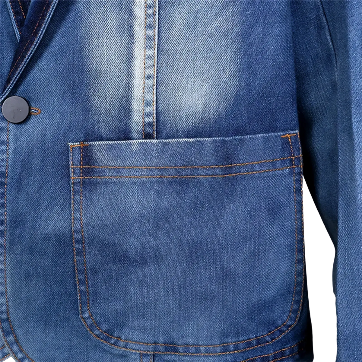 Men’s slim fit blue denim blazer jacket with single button closure and contrasting orange stitching on front pocket
