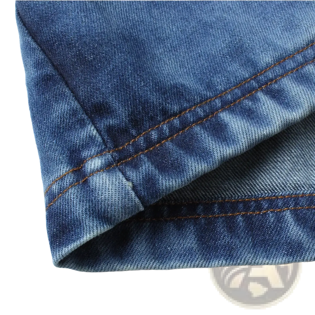 Men’s slim fit denim blazer jacket in blue denim fabric with visible stitching along the folded edge