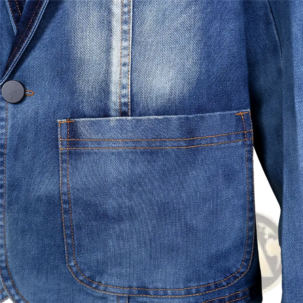 Men’s slim fit blue denim blazer jacket with single button closure and contrasting orange stitching on front pocket
