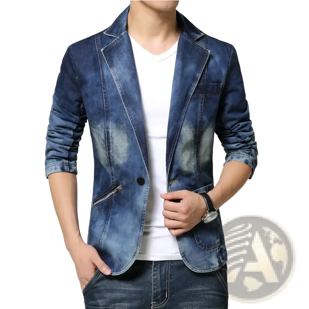 Men’s slim fit blue denim blazer jacket with faded distressed patches and classic single-breasted design