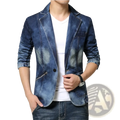 Men’s slim fit blue denim blazer jacket with faded distressed patches and classic single-breasted design