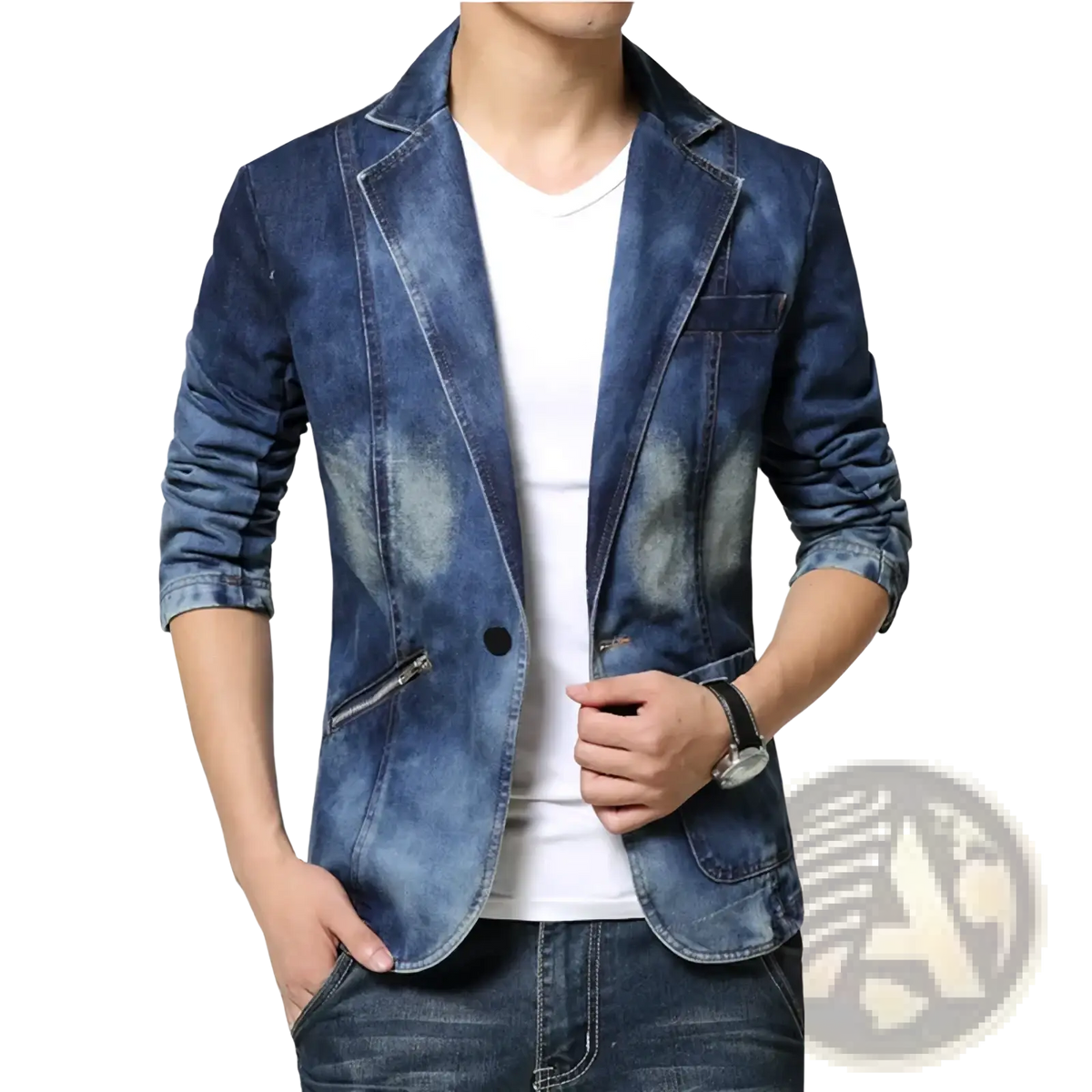 Men’s slim fit denim blazer jacket in faded blue wash with subtle distressing rolled sleeves and zipper pockets