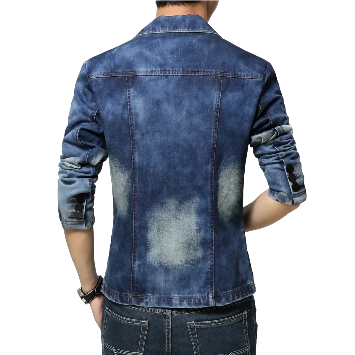 Men’s slim fit denim blazer jacket in medium-wash blue with rolled sleeves and distressed faded patches on the back side