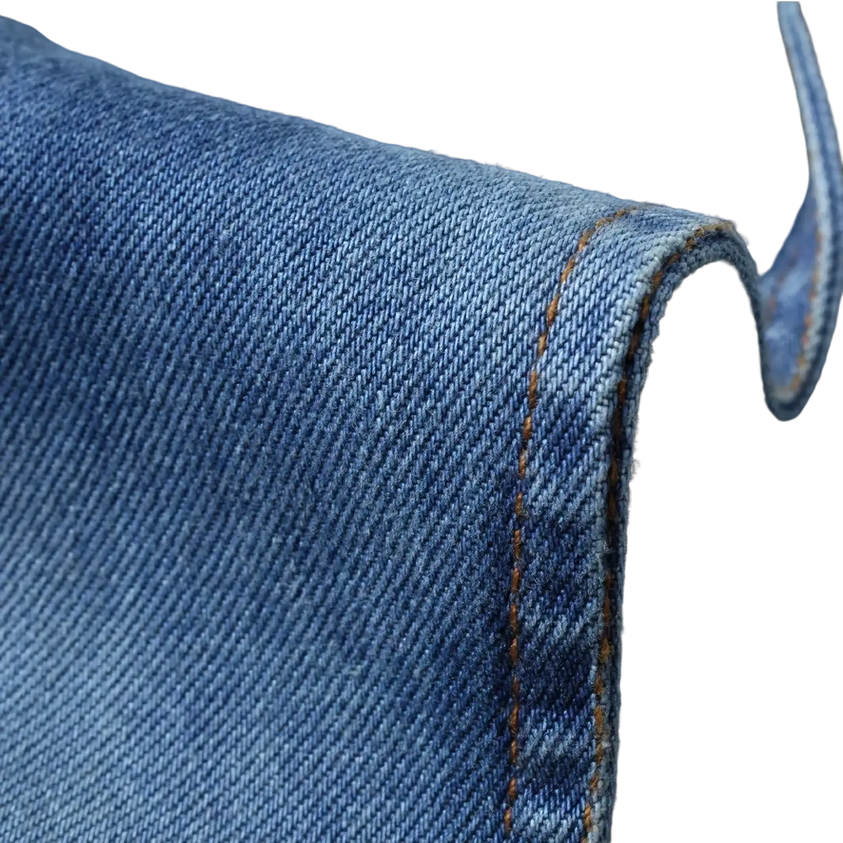 Men’s slim fit denim blazer jacket in medium-wash blue denim with diagonal twill weave and orange stitching along seam