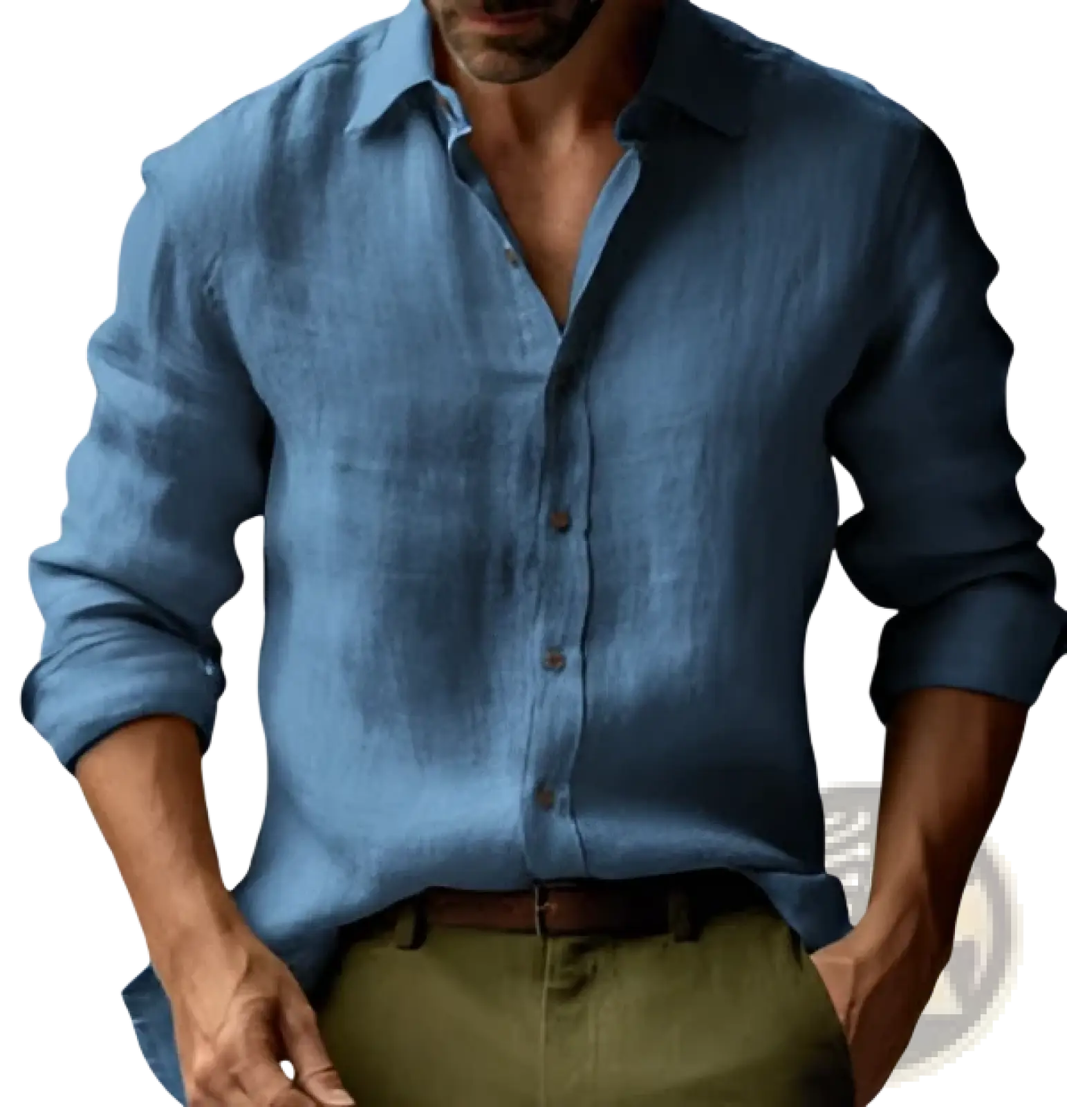 Men’s slim fit digital print linen blend casual shirt in light blue with long sleeves, subtle texture, and rolled cuffs
