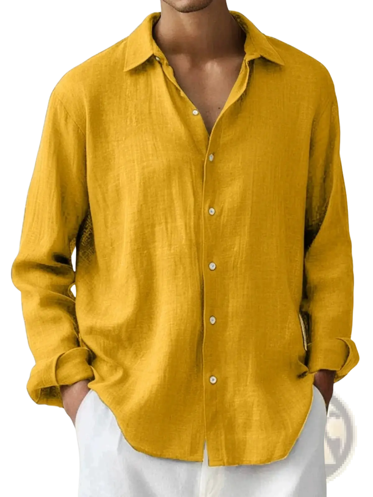 Men’s slim fit digital print linen blend casual shirt in mustard yellow with long sleeves and subtle texture