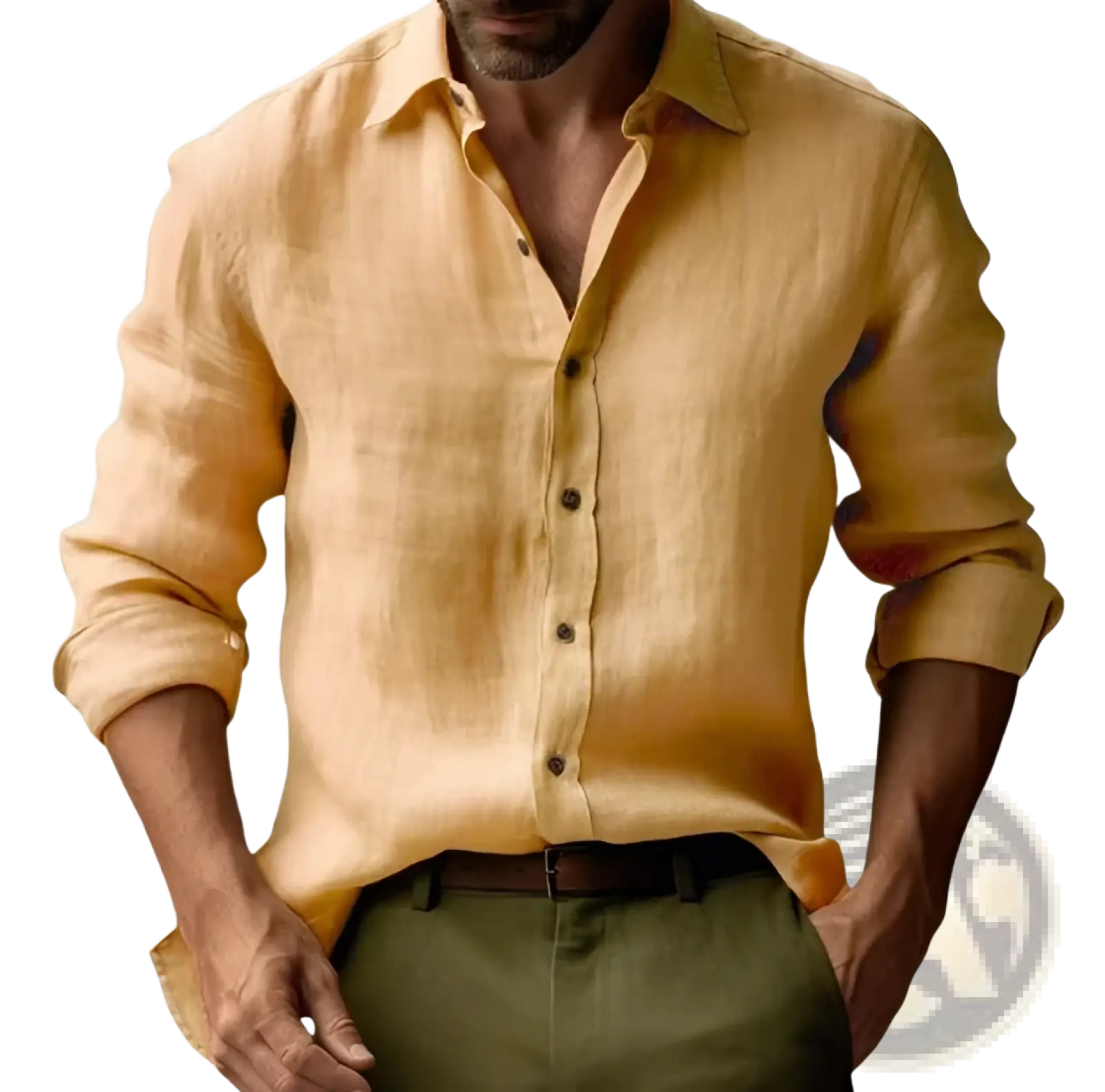 Men’s slim fit pale yellow linen blend button-down shirt with rolled-up sleeves and classic collar for casual wear