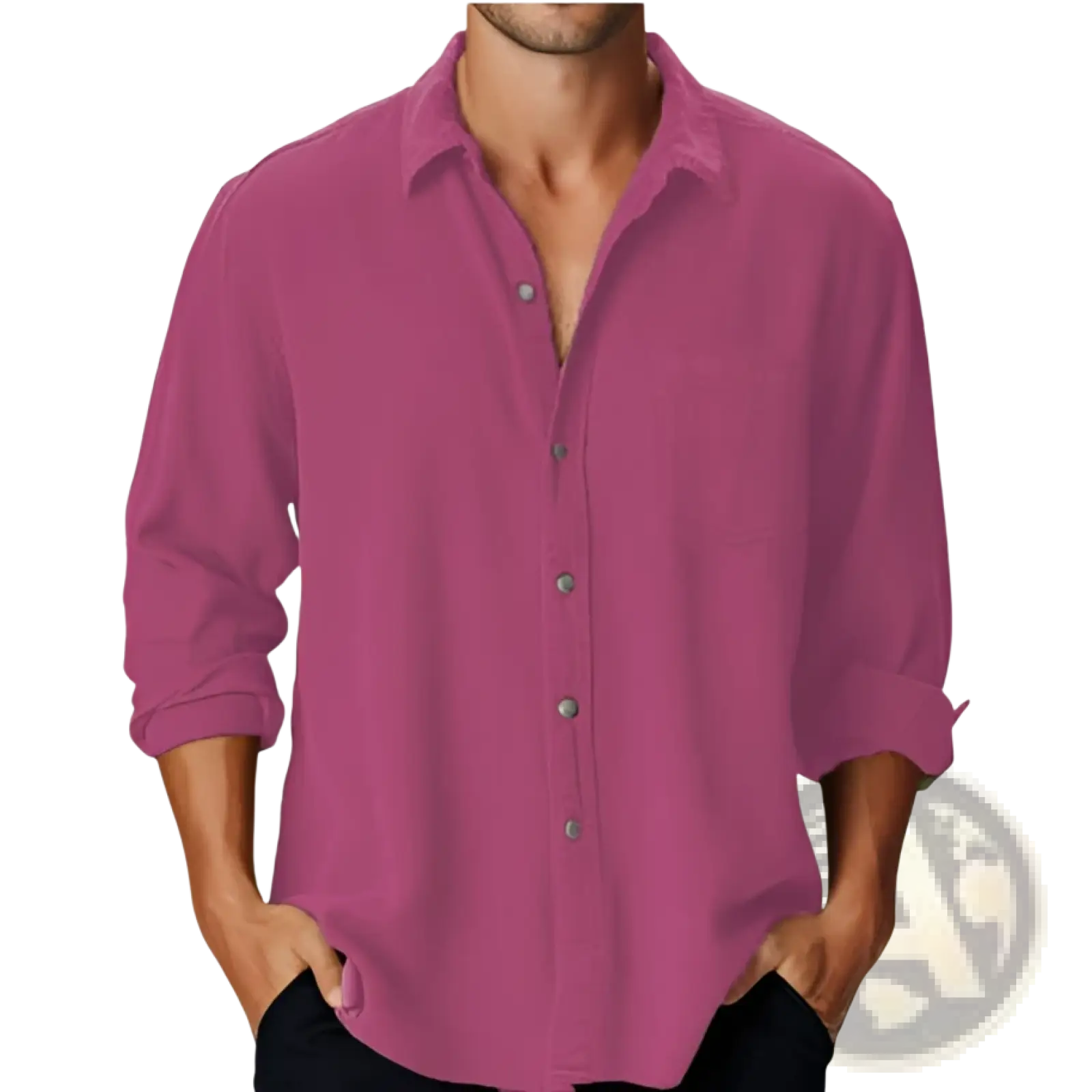Men’s slim fit long-sleeved button-up shirt in solid magenta lightweight linen blend with rolled cuffs for casual wear