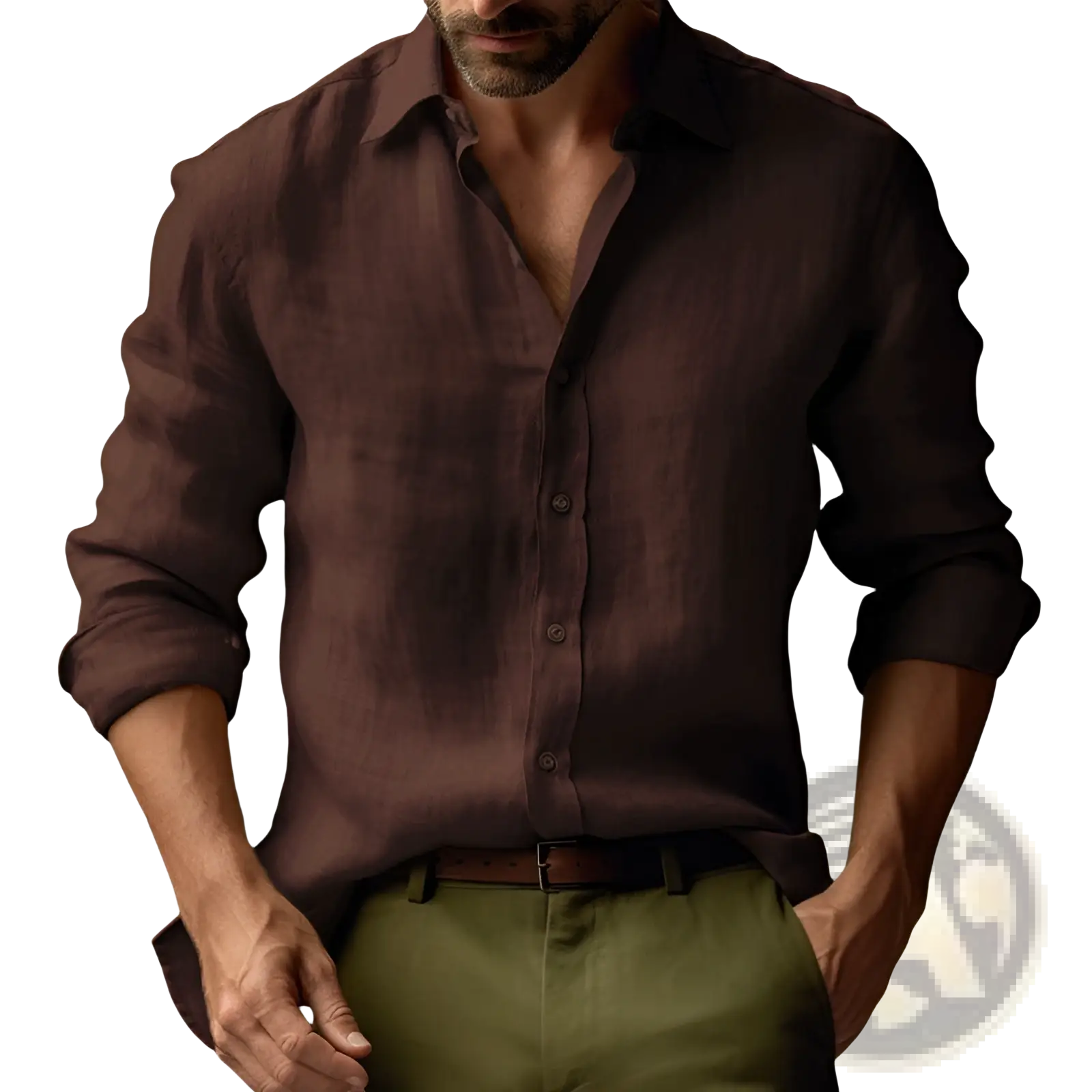Men’s slim fit dark brown long-sleeved linen blend button-up shirt with rolled cuffs and classic collar