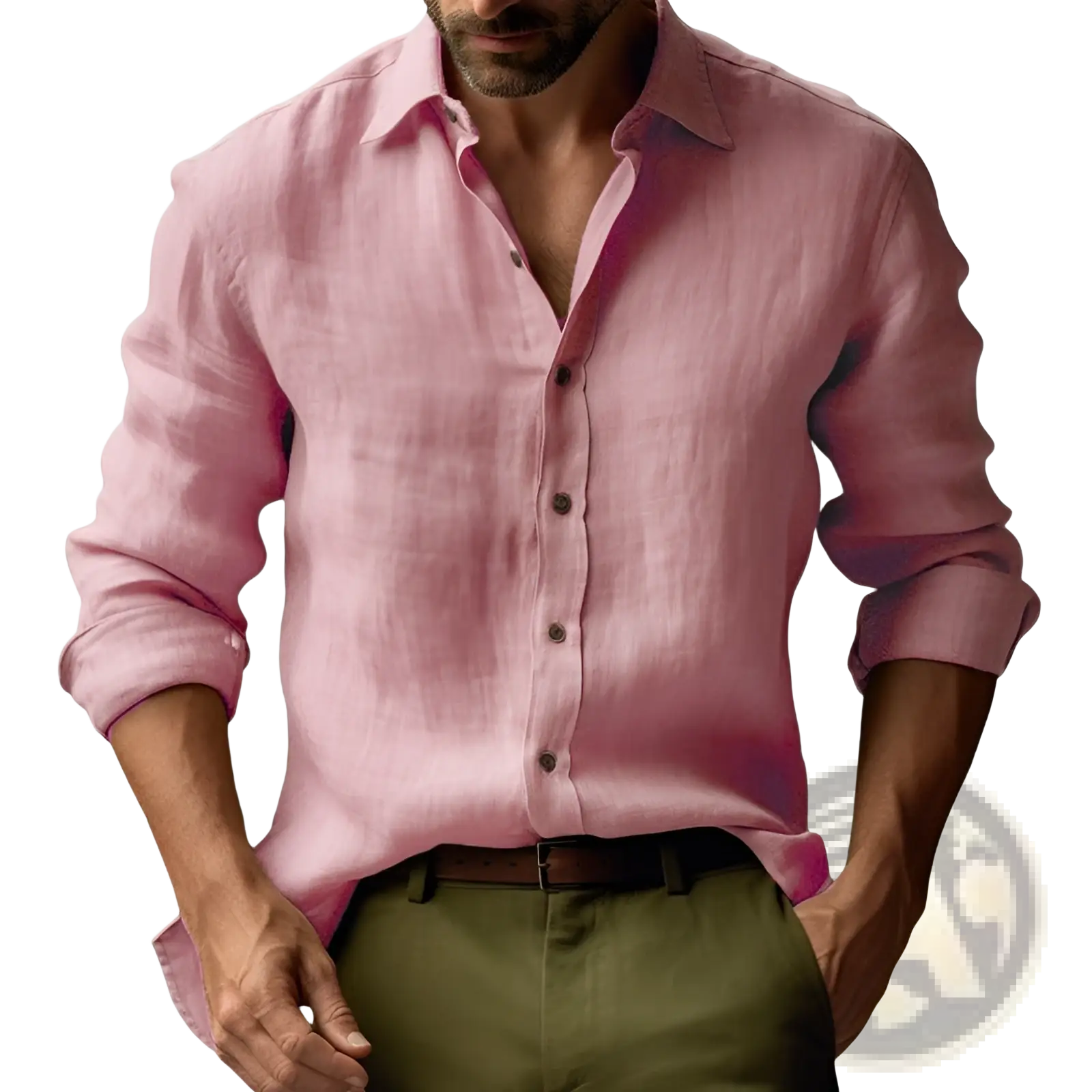 Men’s slim fit soft pink linen blend casual button-down shirt with rolled-up sleeves and dark brown buttons