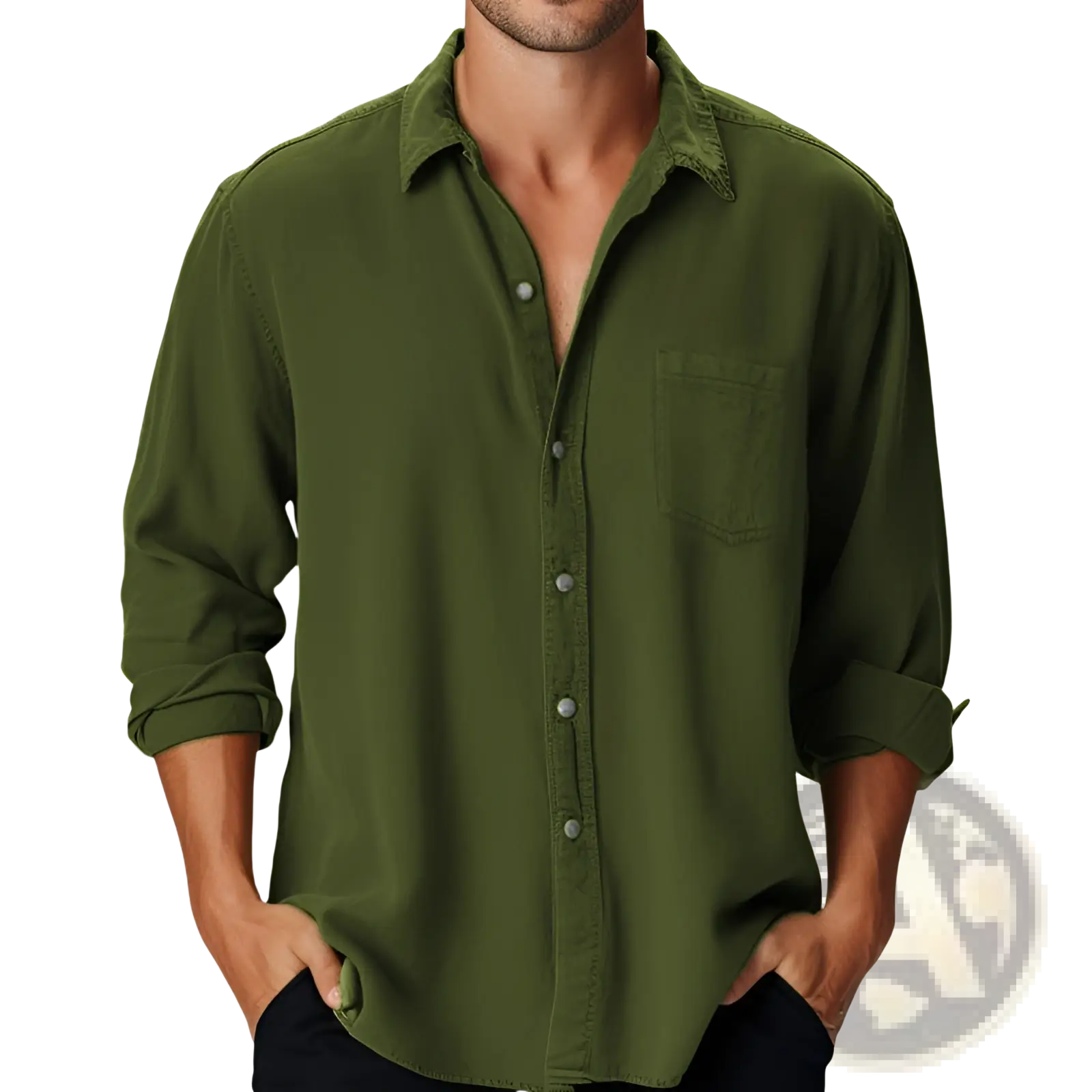 Men’s slim fit olive green long-sleeved button-down digital print linen blend casual shirt with rolled cuffs and chest pocket