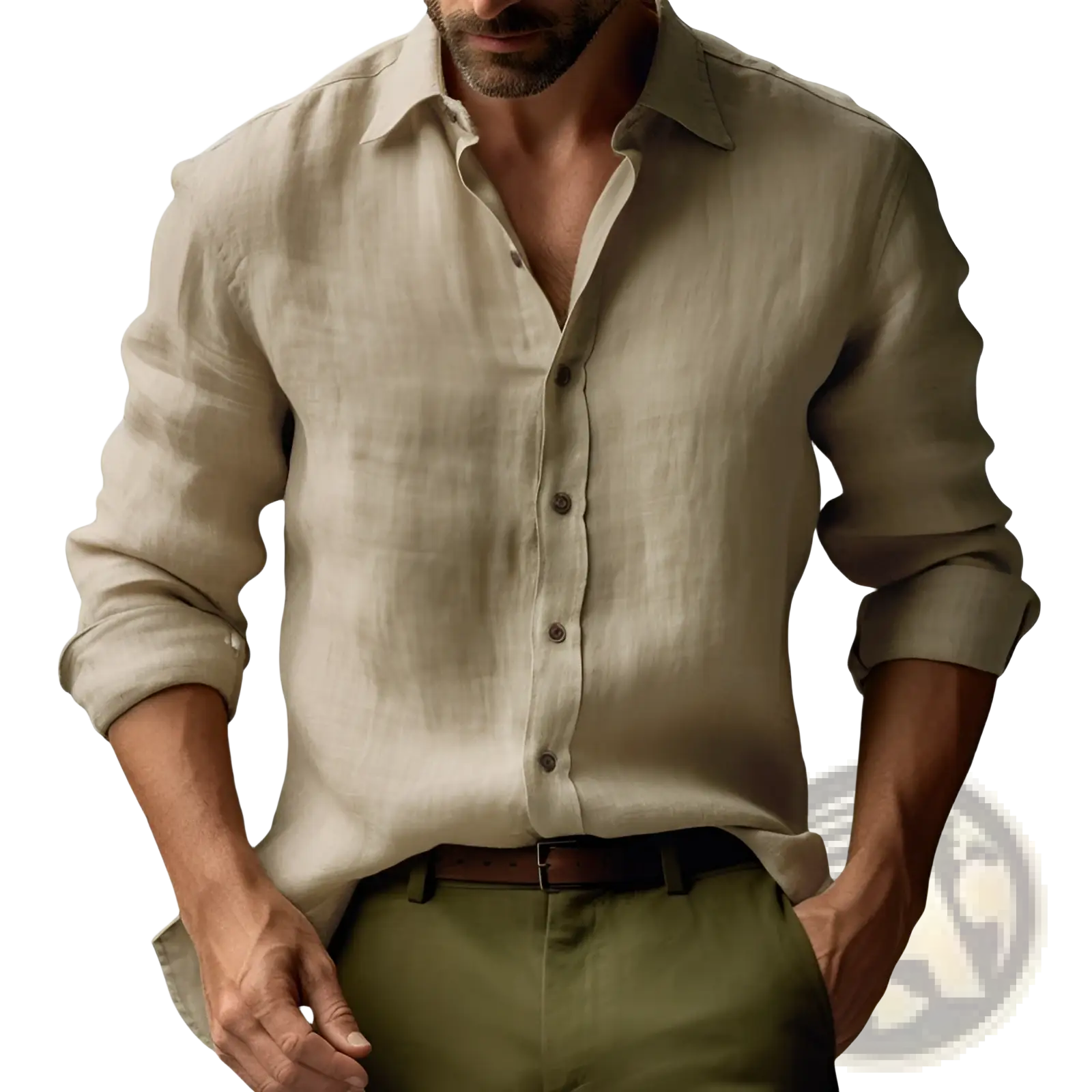 Men’s slim fit beige linen blend button-down shirt with rolled sleeves and classic collar for casual wear