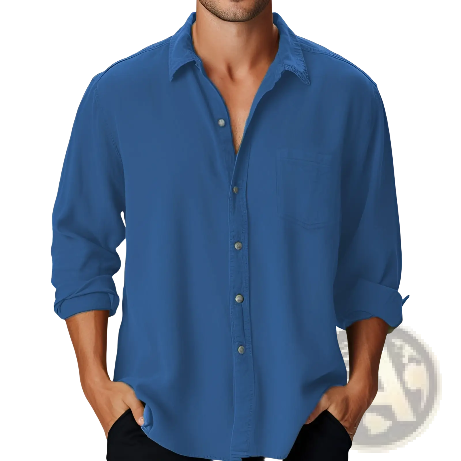 Men’s slim fit blue digital print linen blend casual shirt with rolled-up sleeves and chest pocket