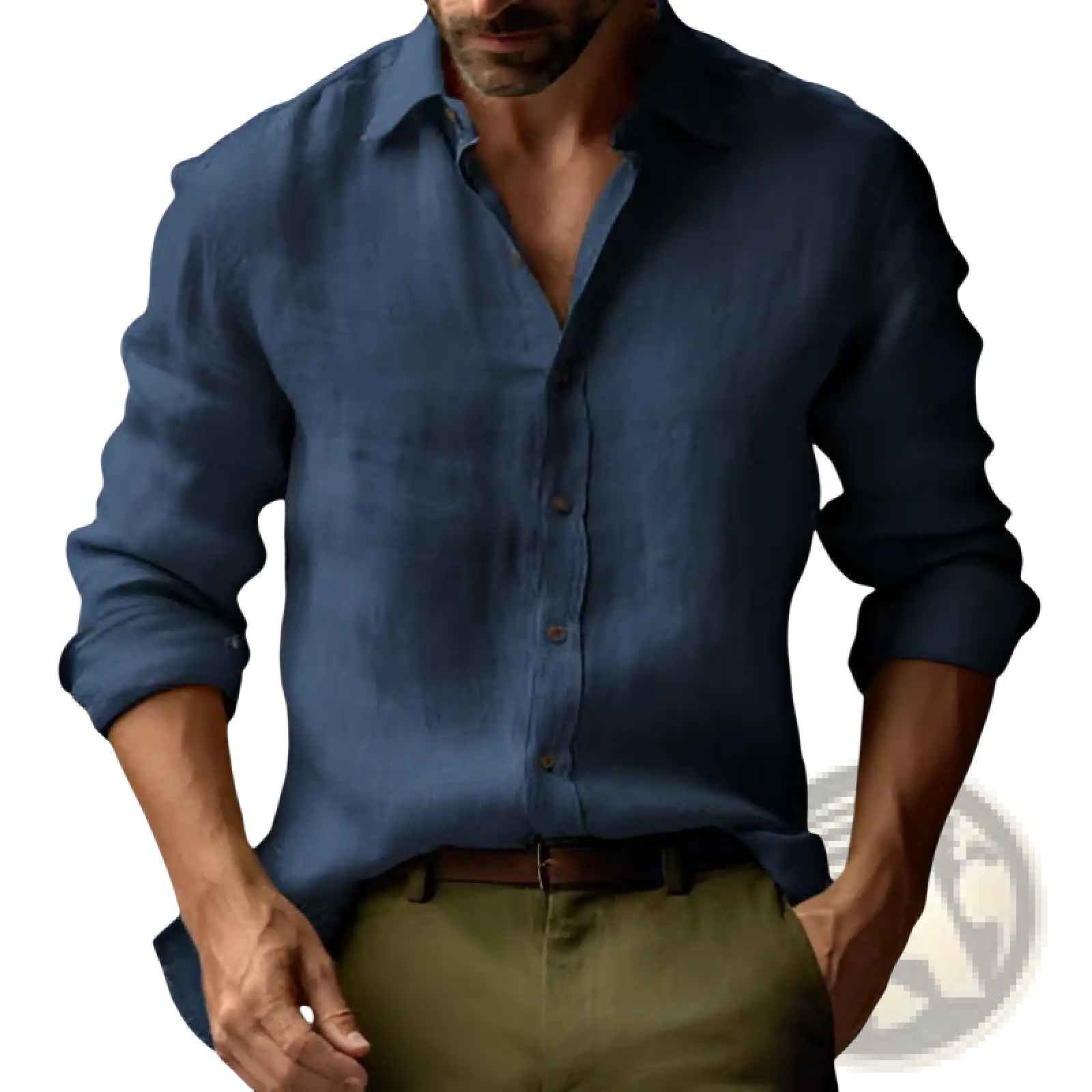 A navy blue men’s slim fit digital print linen blend button-down casual shirt with rolled-up sleeves