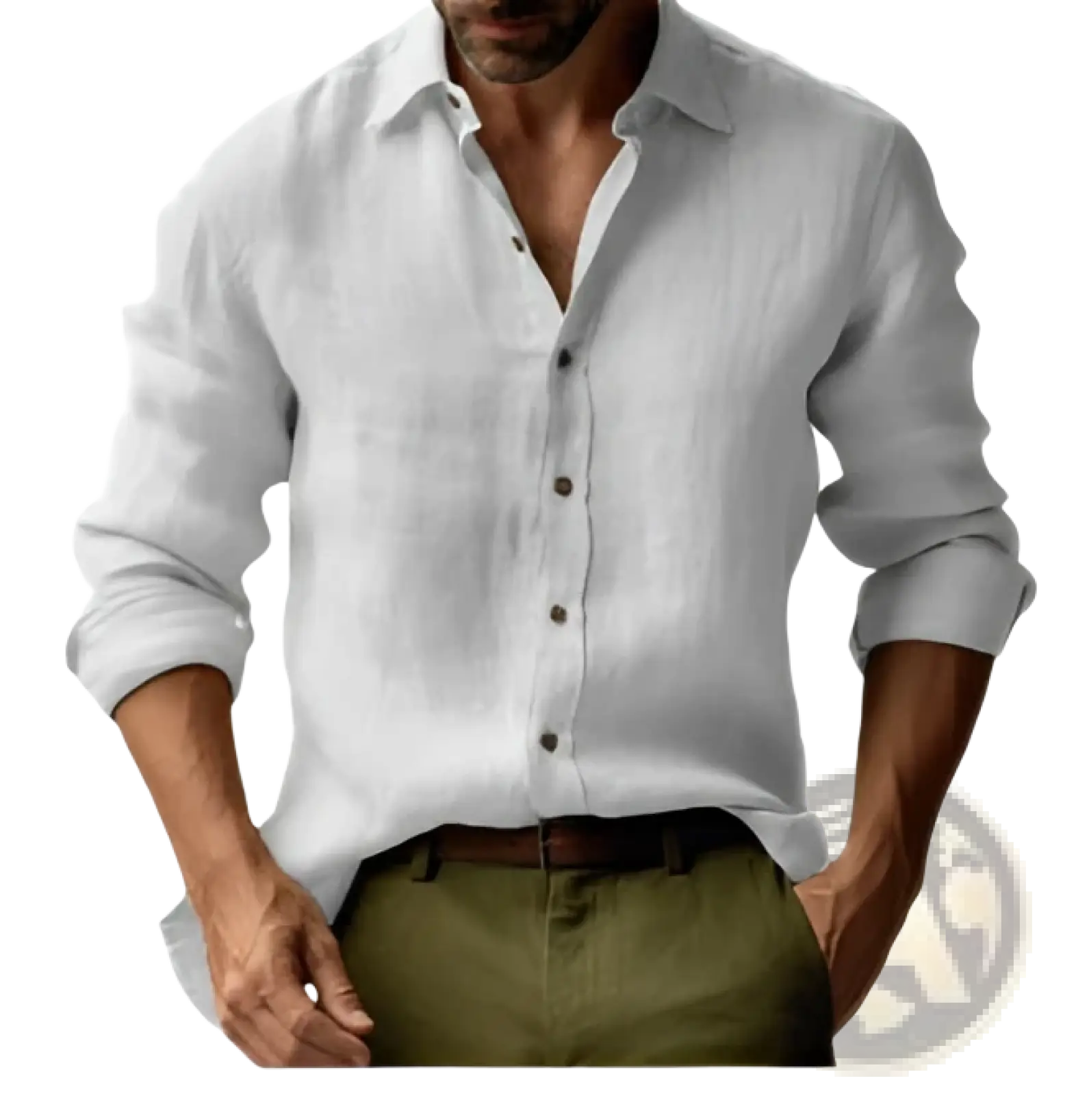 Men’s slim fit white linen blend casual shirt with dark buttons and rolled sleeves in digital print design