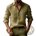 Men’s slim fit digital print linen casual shirt in olive green with long sleeves and light-colored buttons