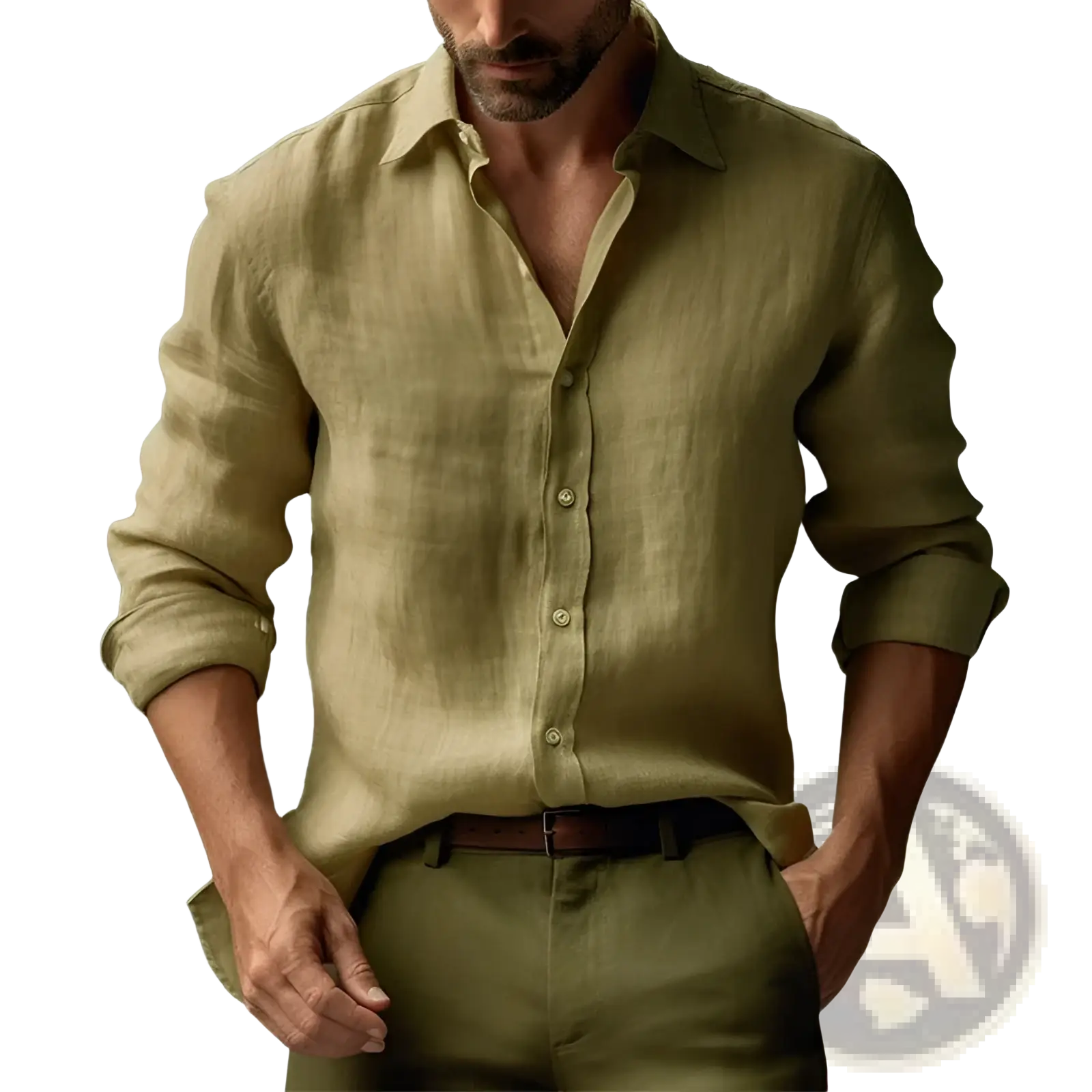 Men’s slim fit digital print linen casual shirt in olive green with long sleeves and light-colored buttons