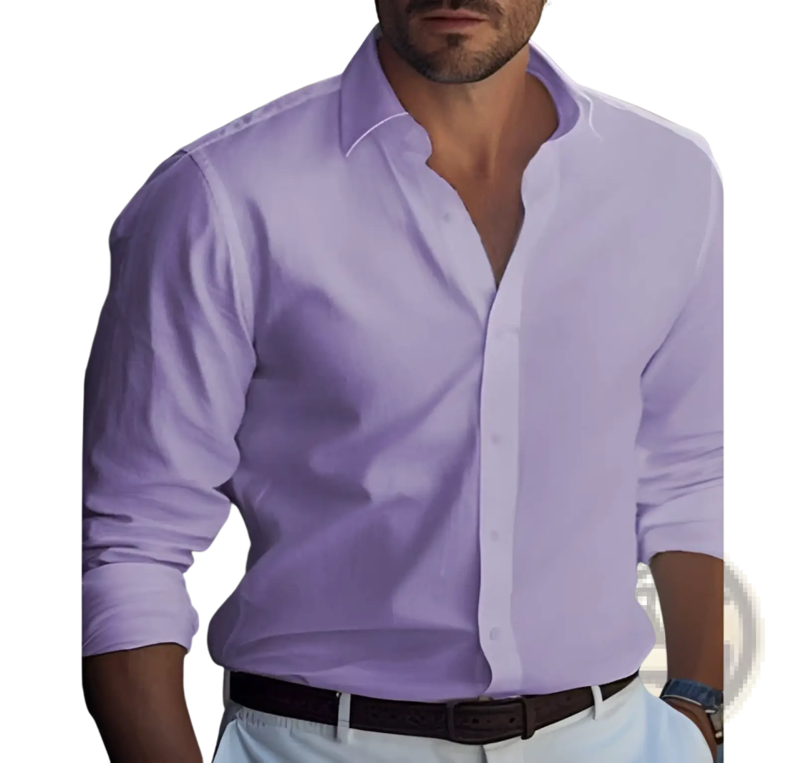 Men’s slim fit digital print linen casual shirt in crisp lavender with long sleeves, classic collar, and rolled cuffs