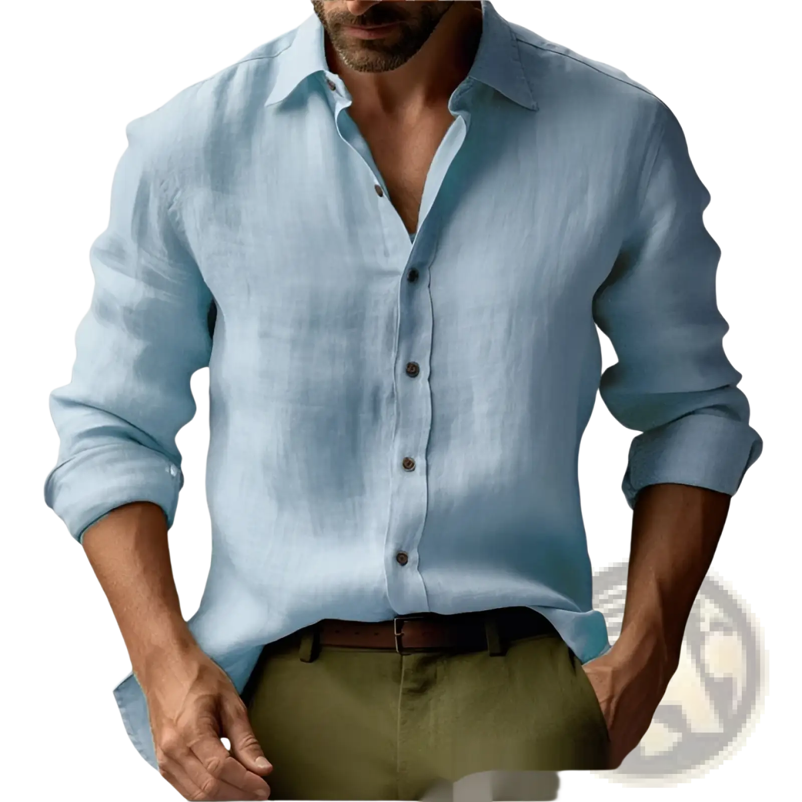 Men’s slim fit light blue linen casual shirt with button down and rolled sleeves featuring dark brown buttons