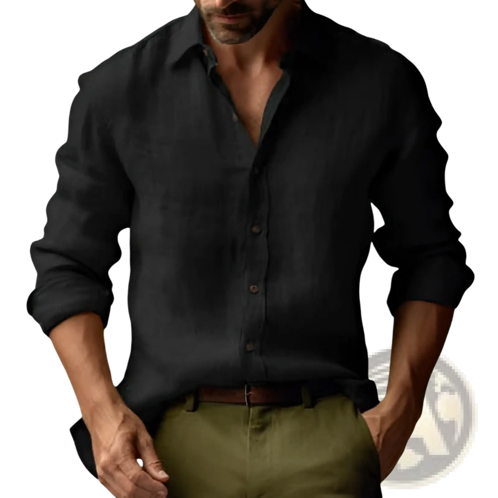 Men’s slim fit black linen button-down shirt with subtle texture and rolled-up sleeves for casual wear