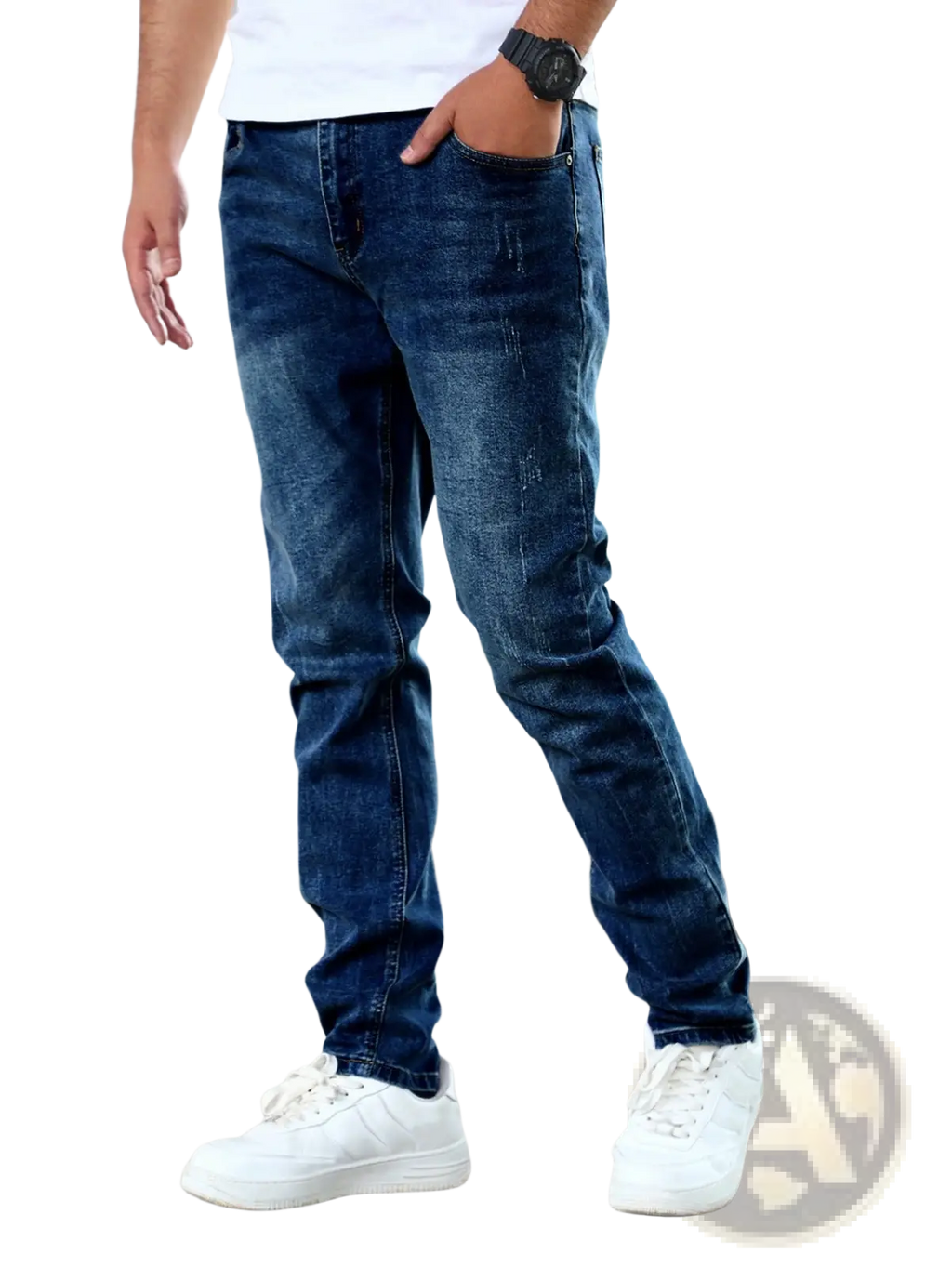 Men’s slim fit distressed dark wash denim jeans in dark blue with subtle distressing and a slim silhouette