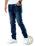 Men’s slim fit distressed dark wash denim jeans in dark blue with subtle distressing and a slim silhouette