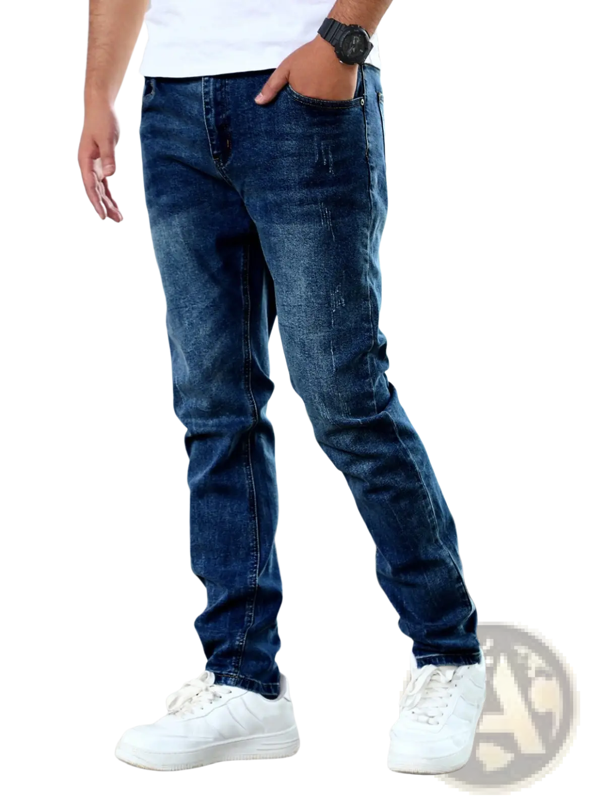 Men’s slim fit distressed dark wash denim jeans in dark blue with subtle distressing and a slim silhouette