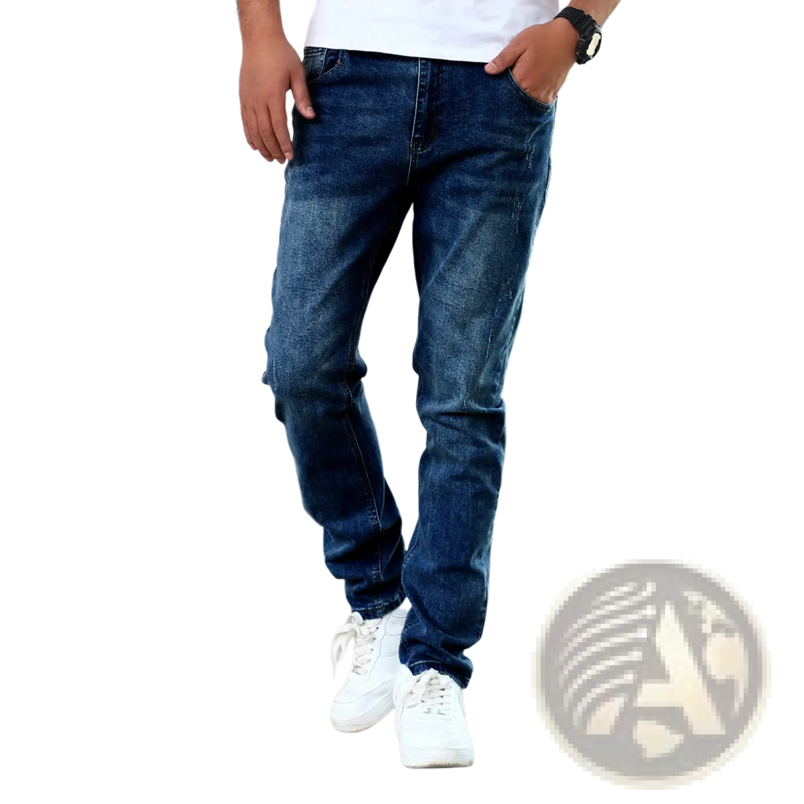 Men slim fit distressed dark wash denim jeans with subtle fading details made of durable denim material