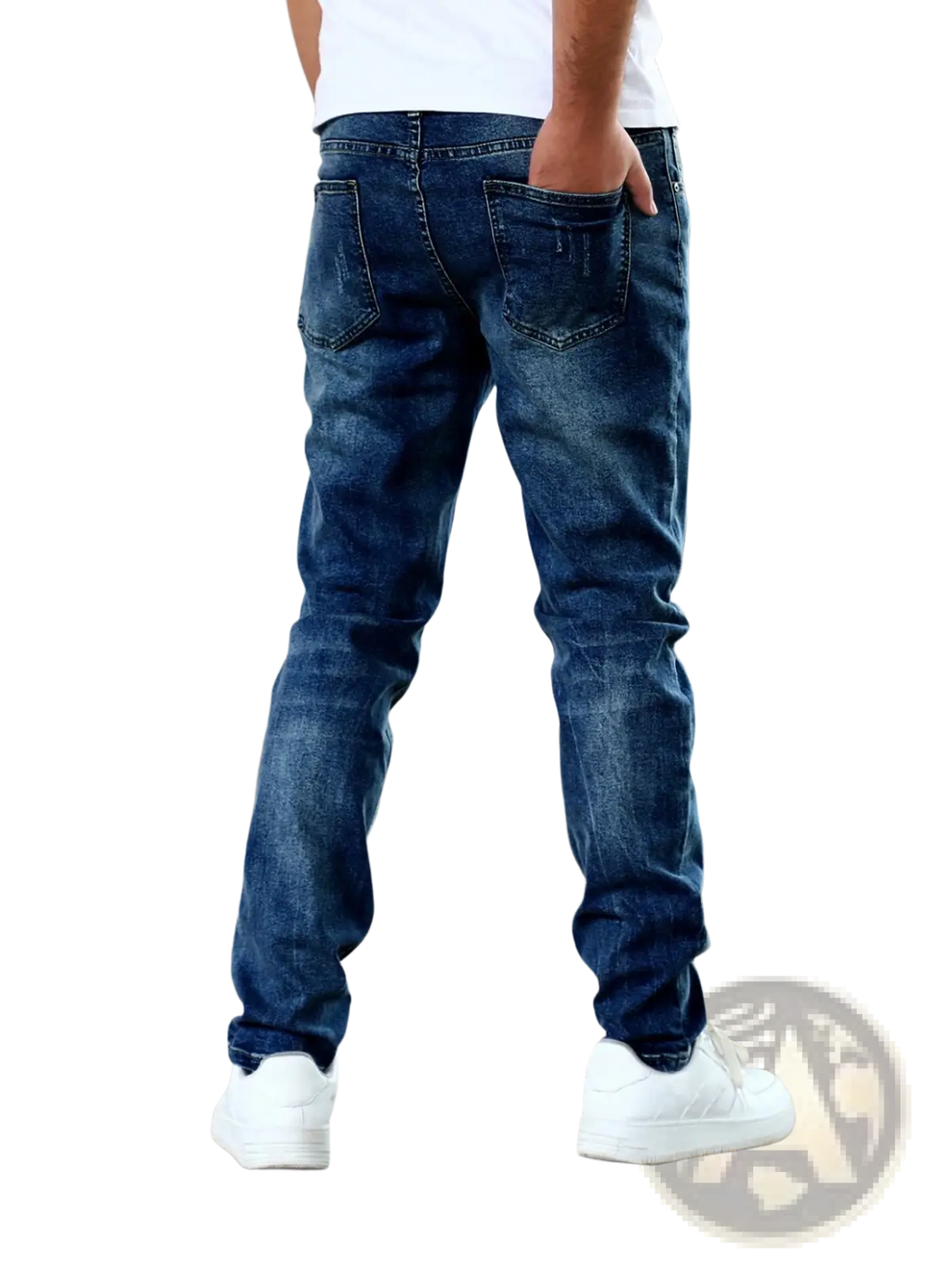 Men’s slim fit distressed dark wash denim jeans in dark blue with subtle fading shown from the back side