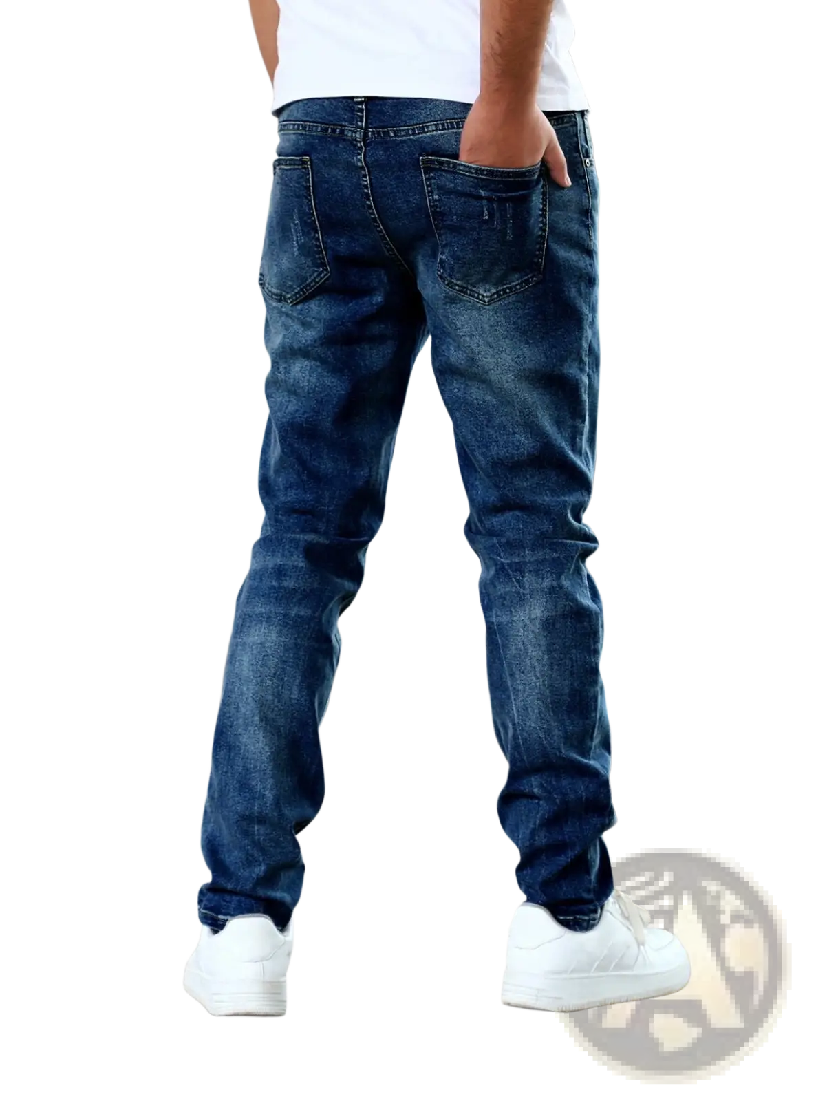 Men’s slim fit distressed dark wash denim jeans in dark blue with subtle fading shown from the back side