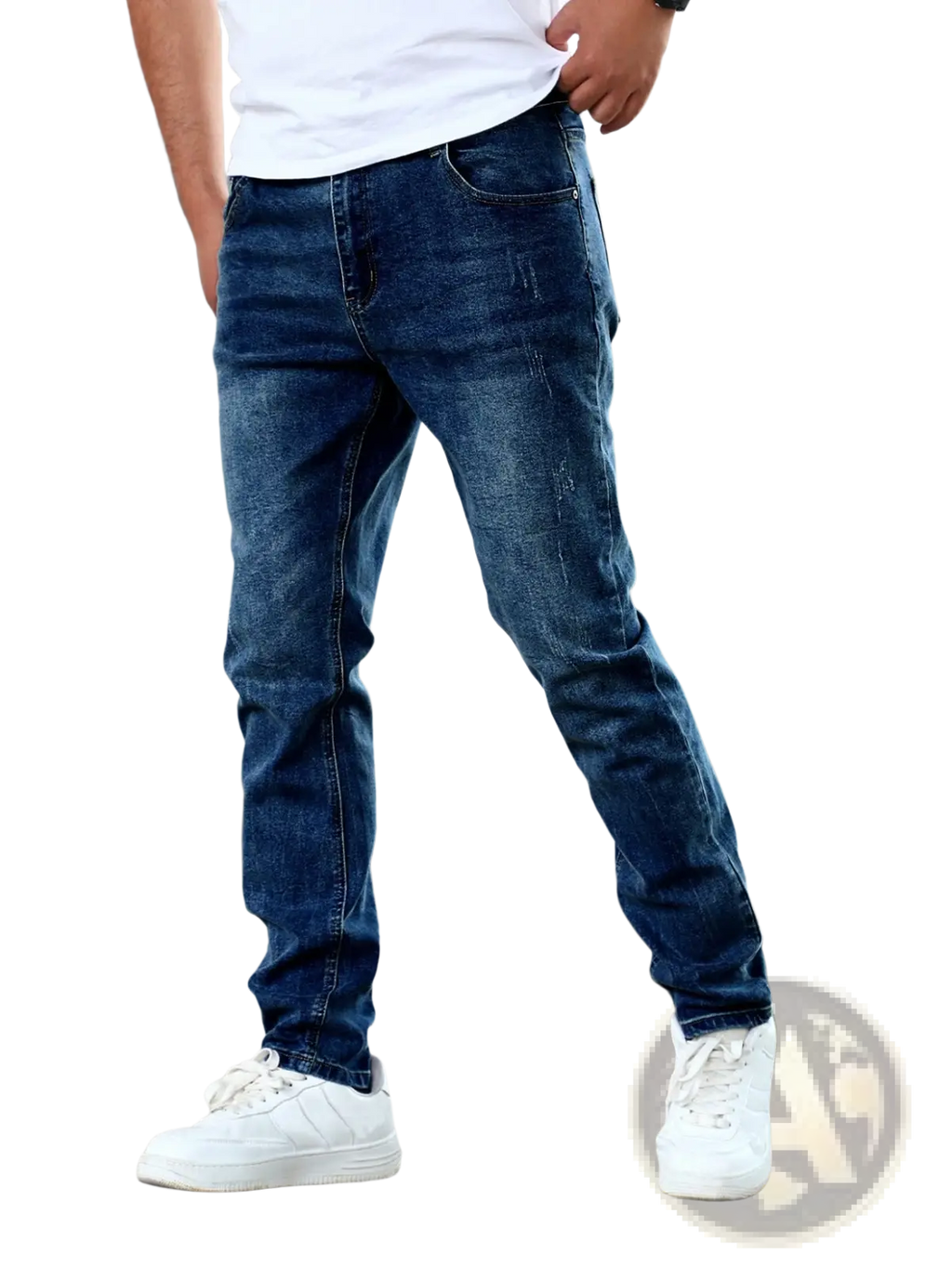 Men’s slim fit distressed dark wash denim jeans in dark blue with subtle fading and slim cut in denim material