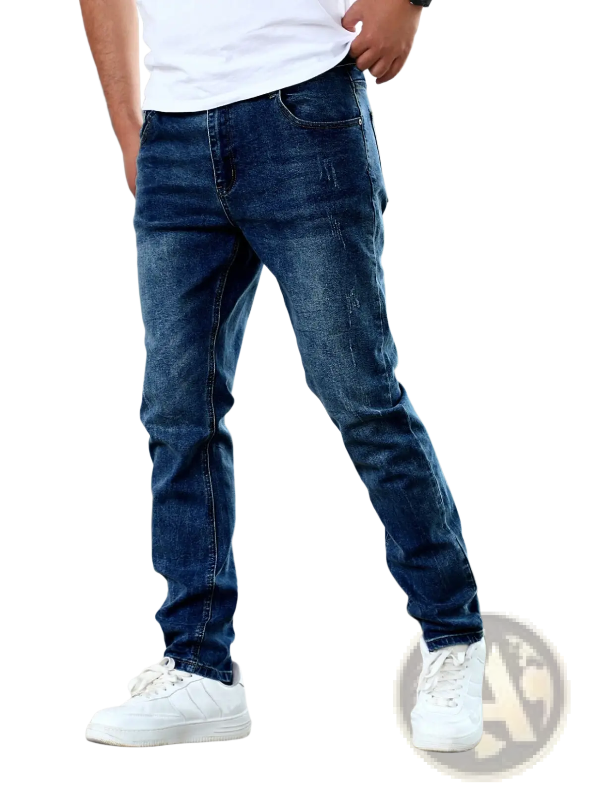 Men’s slim fit distressed dark wash denim jeans in dark blue with subtle fading and slim cut in denim material