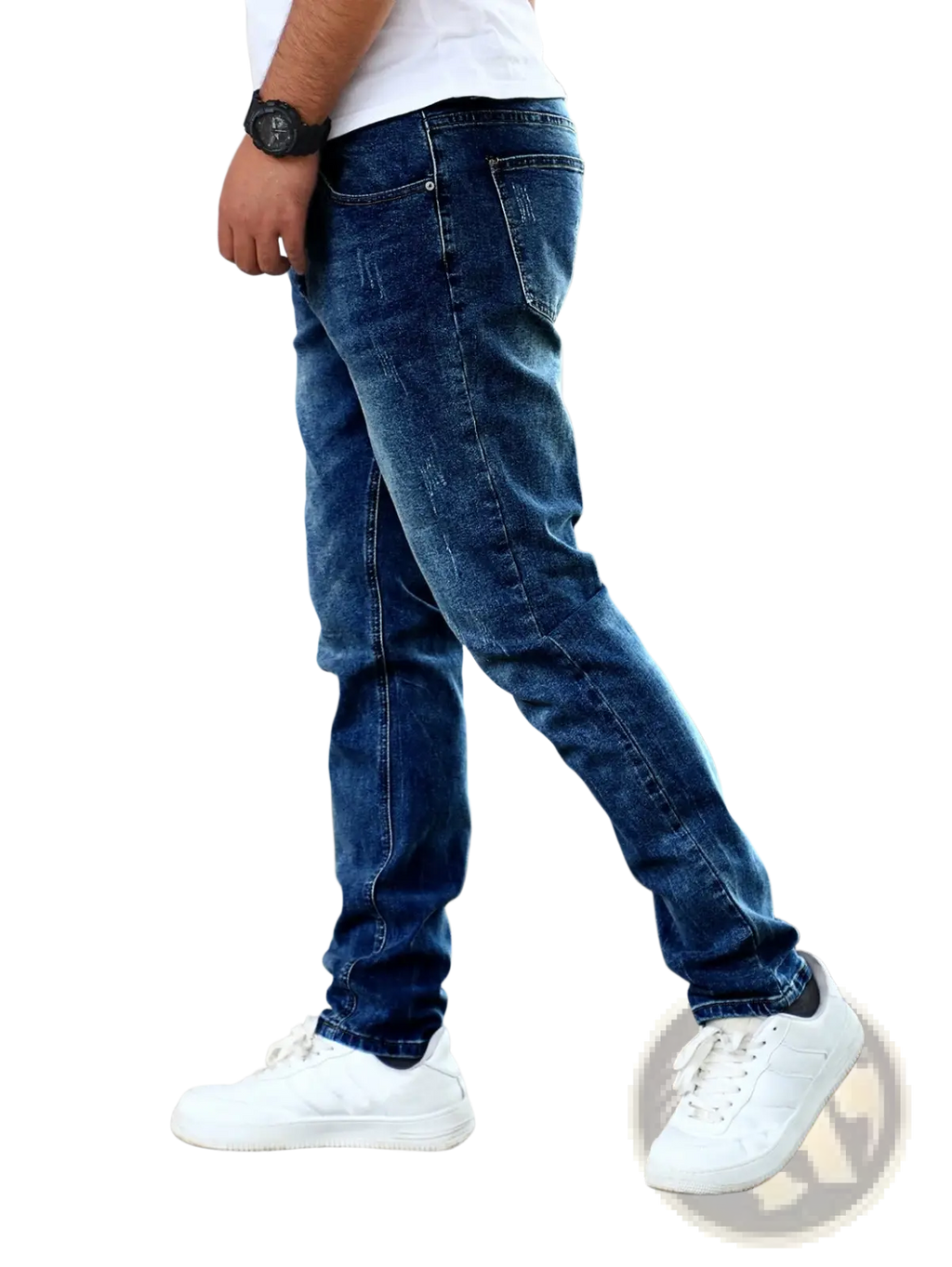 Men’s slim fit dark wash denim jeans with subtle fading made of durable blue denim fabric