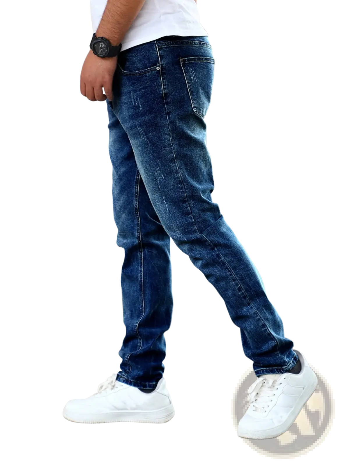 Men’s slim fit dark wash denim jeans with subtle fading made of durable blue denim fabric