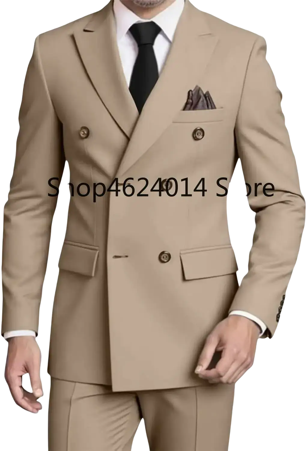 Mens slim fit double breasted beige suit tuxedo with matching trousers dark brown buttons and folded pocket square