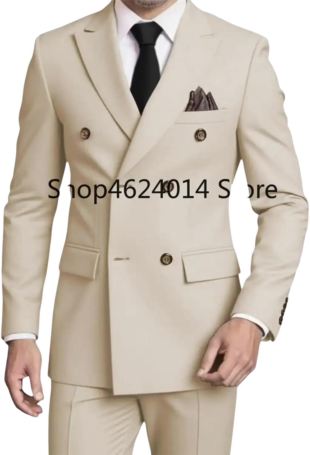 Mens slim fit double breasted beige suit tuxedo with dark brown buttons and matching pocket square