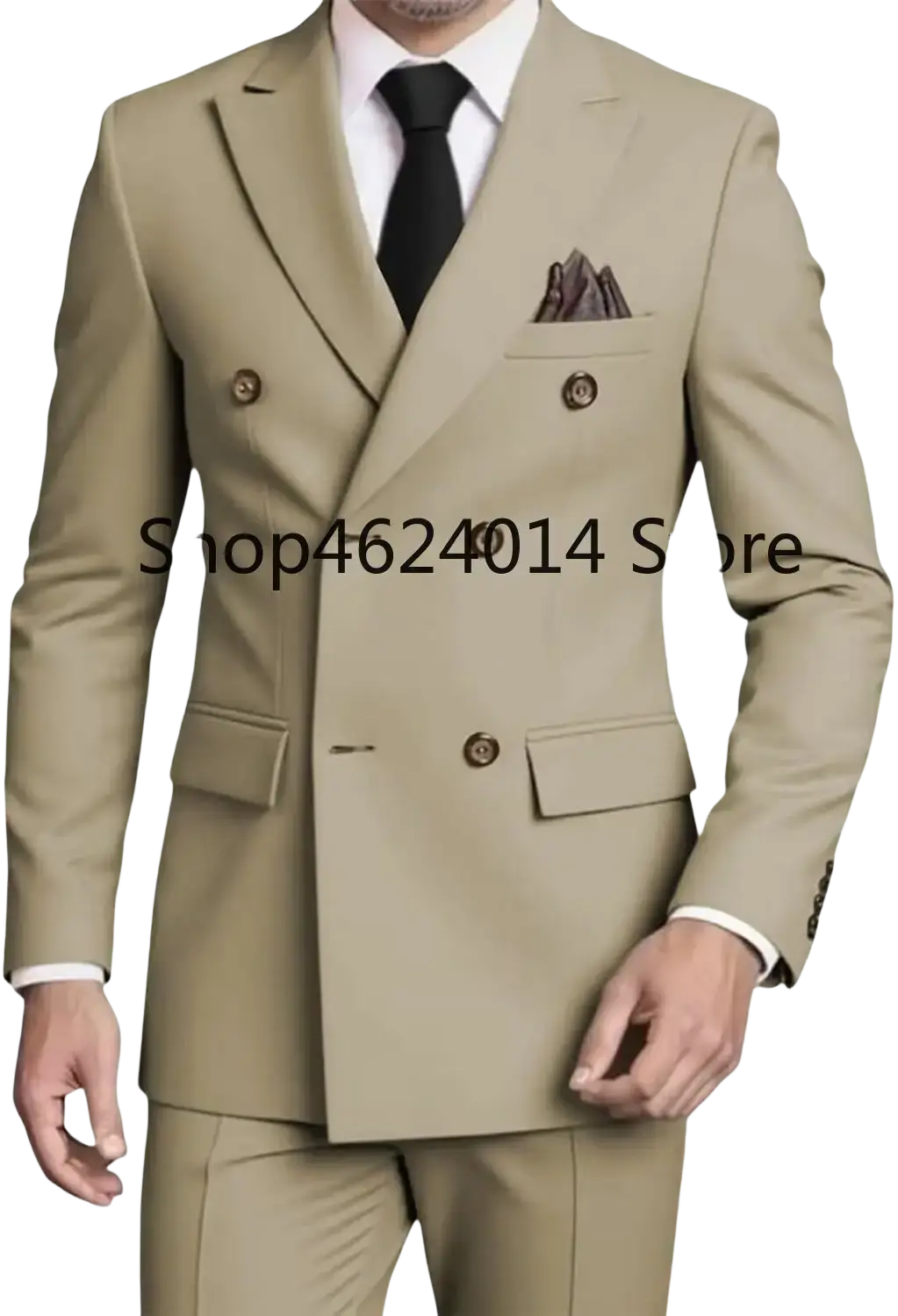 Beige mens slim fit double breasted suit tuxedo with matching trousers dark brown buttons and folded pocket square