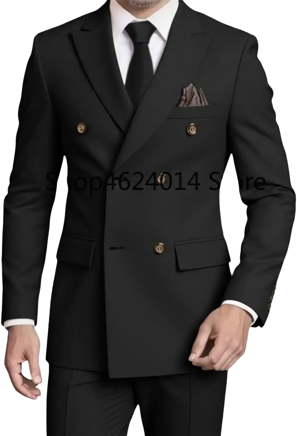 Mens slim fit double breasted black suit tuxedo jacket with gold toned buttons and matching pocket square